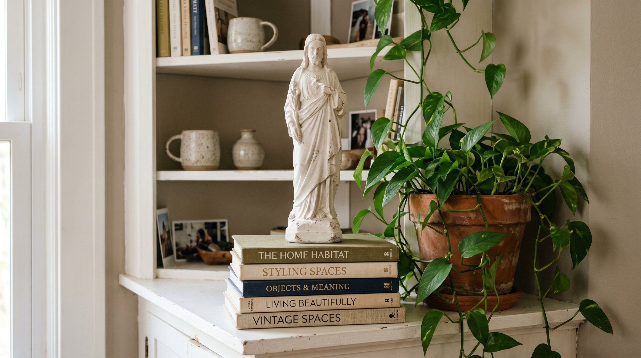 Photorealistic interior photo. A thrifted, unpainted white plaster saint statue resting on top of a stack of linen-bound interior design books on a built-in shelf. A trailing pothos plant nearby. Edit