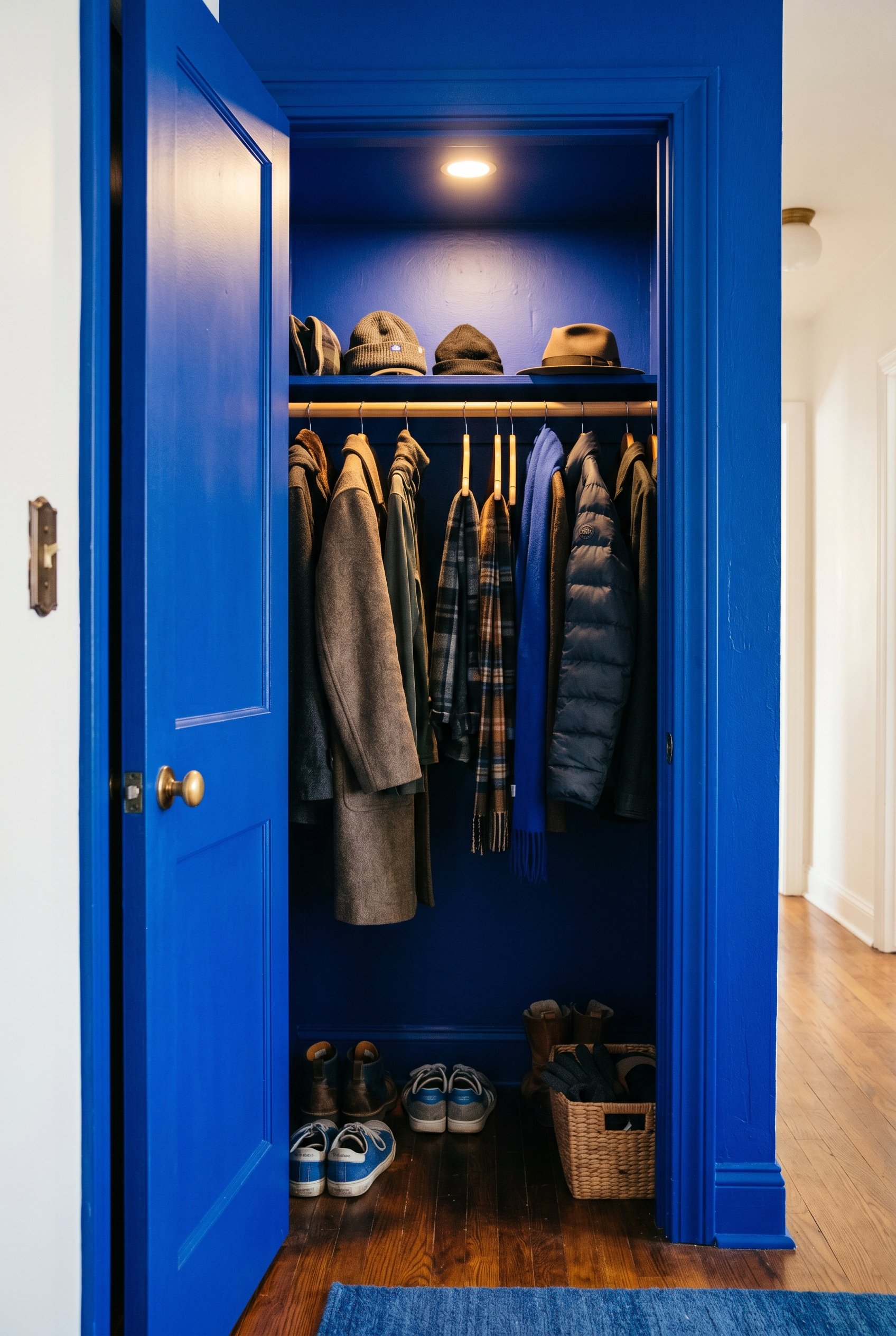 Photorealistic interior photo. A tiny hallway coat closet completely color-drenched in vibrant Yves Klein blue—walls, ceiling, and trim all painted the exact same bright blue. Warm overhead light, str