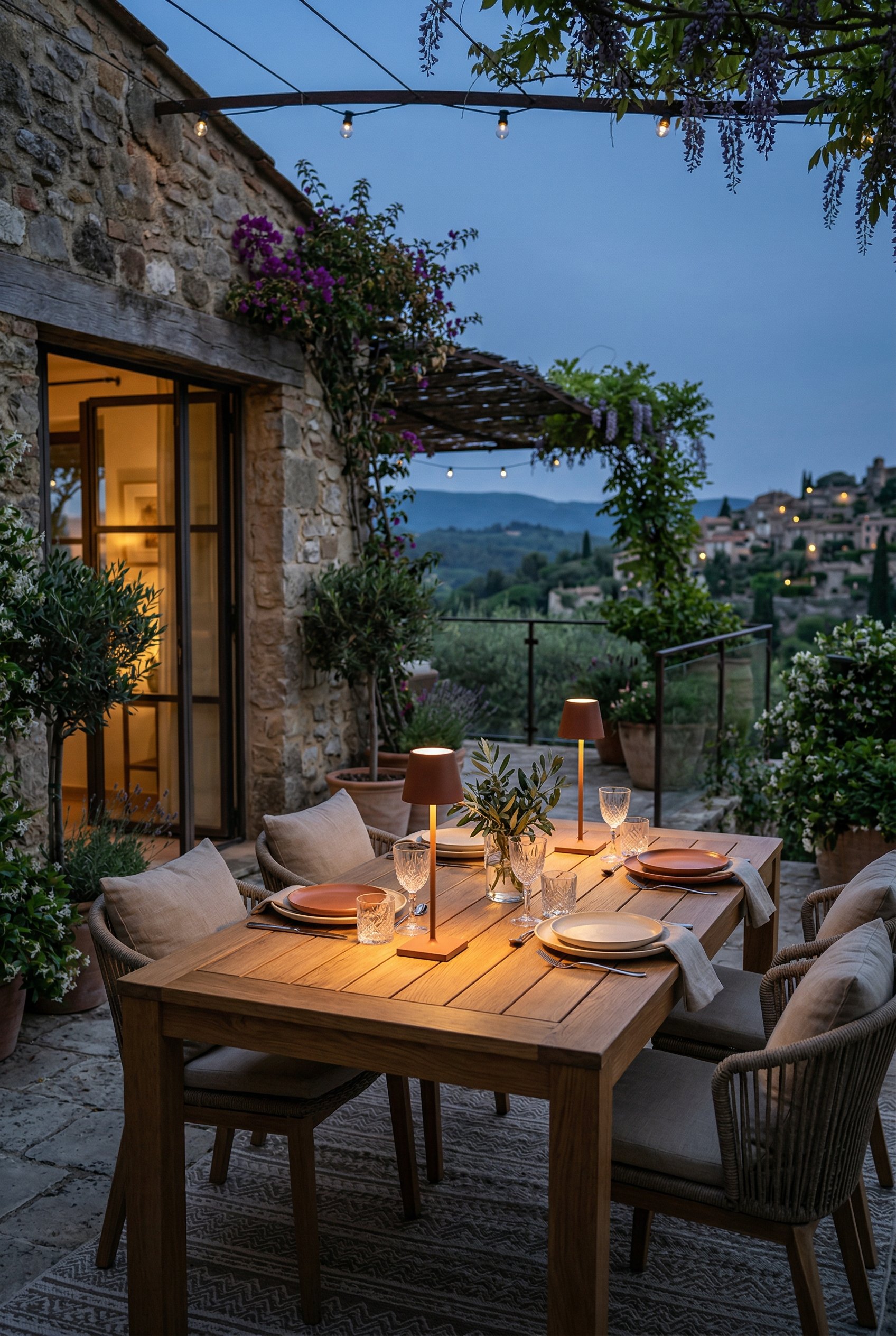 Photorealistic interior photo. A twilight outdoor patio scene. An outdoor dining table illuminated by two sleek, cordless, rechargeable LED table lamps in matte terracotta color. Editorial photography
