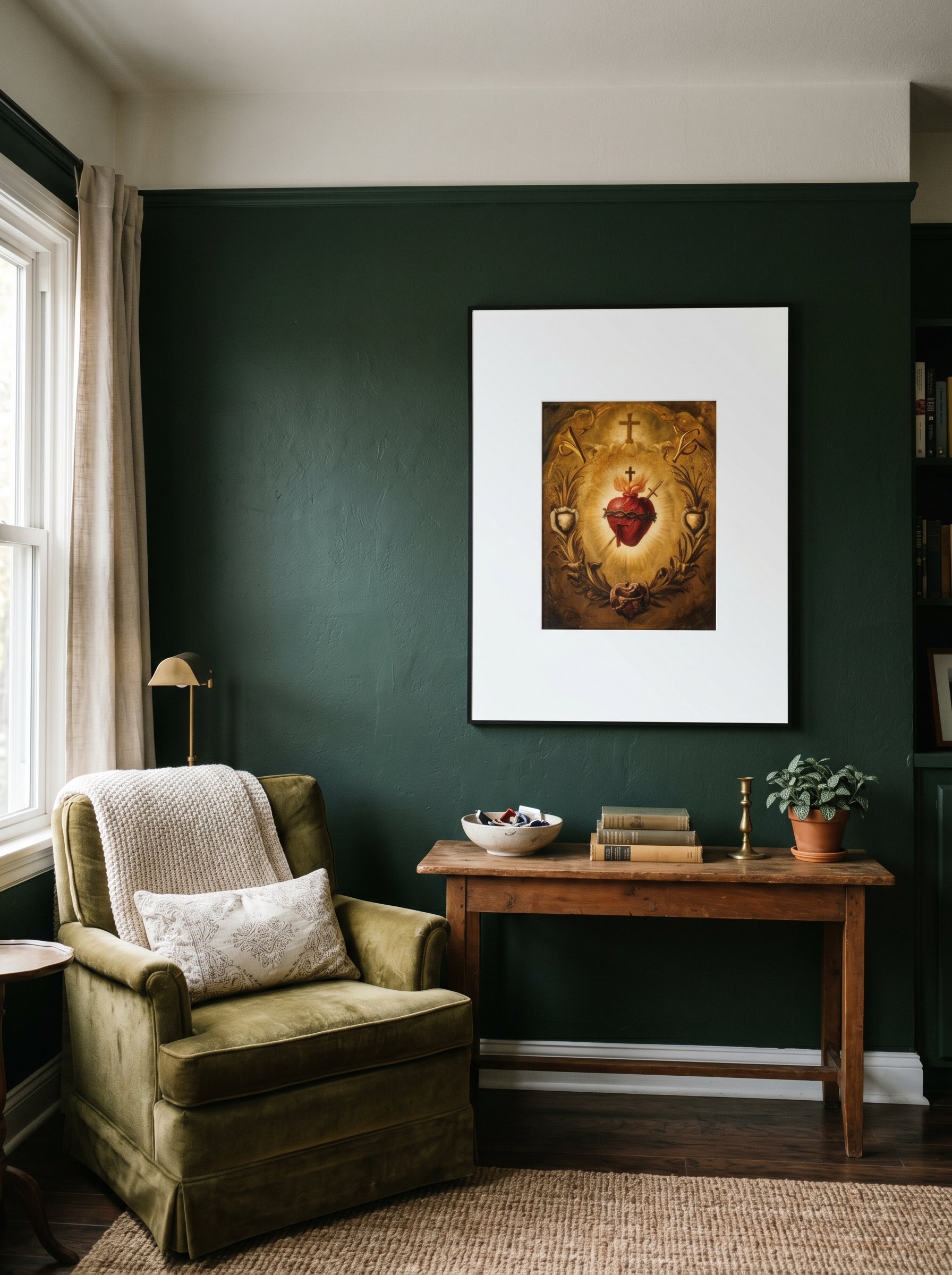 Photorealistic interior photo. A vintage oil painting of the Sacred Heart placed inside an oversized, ultra-thin matte black modern frame with a very large white mat. Hung on a moody dark green wall. 