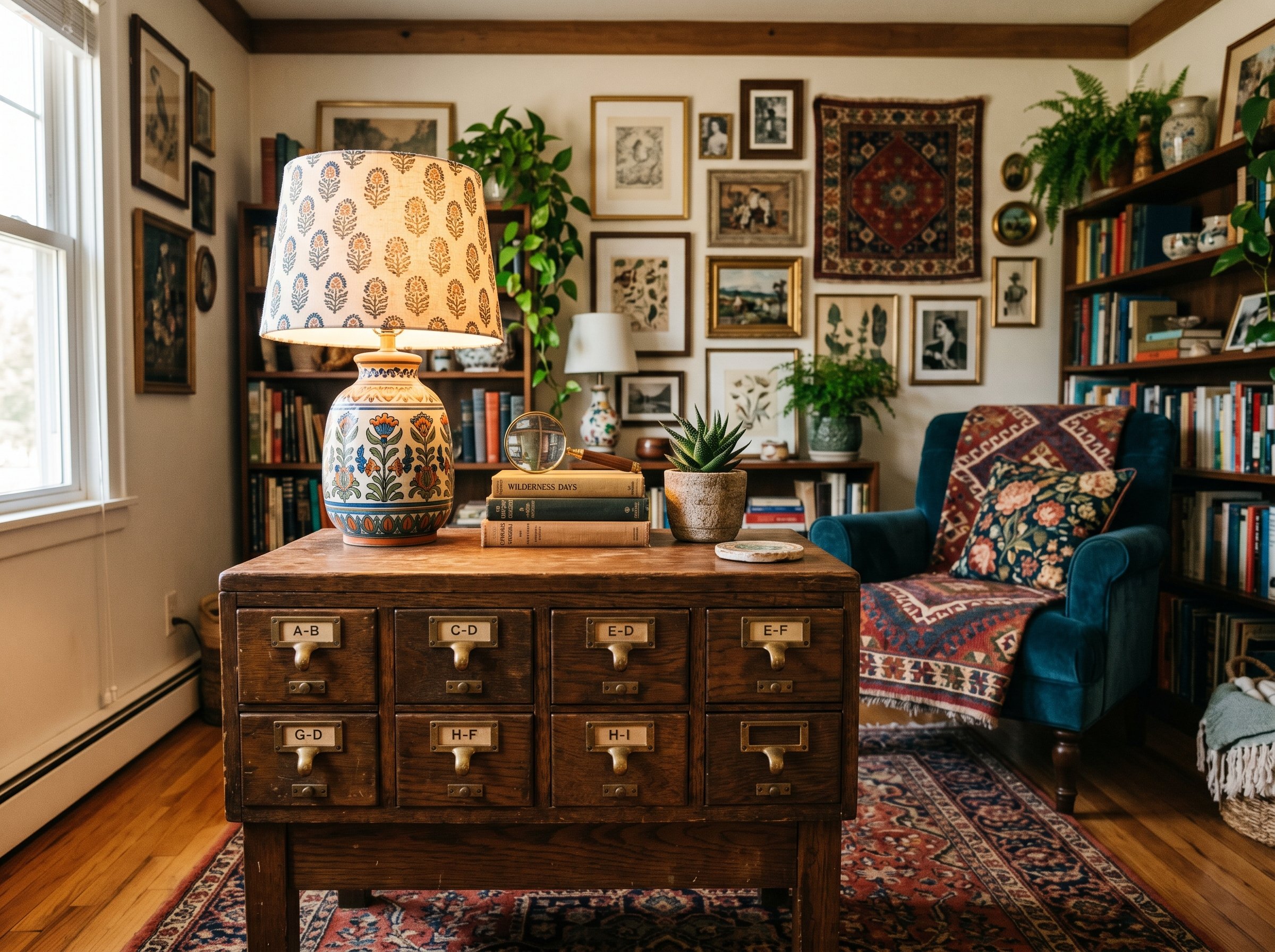 Photorealistic interior photo. A vintage wooden library card catalog repurposed as a side table in a maximalist living room, topped with a quirky table lamp. Editorial photography style, rich warm ton