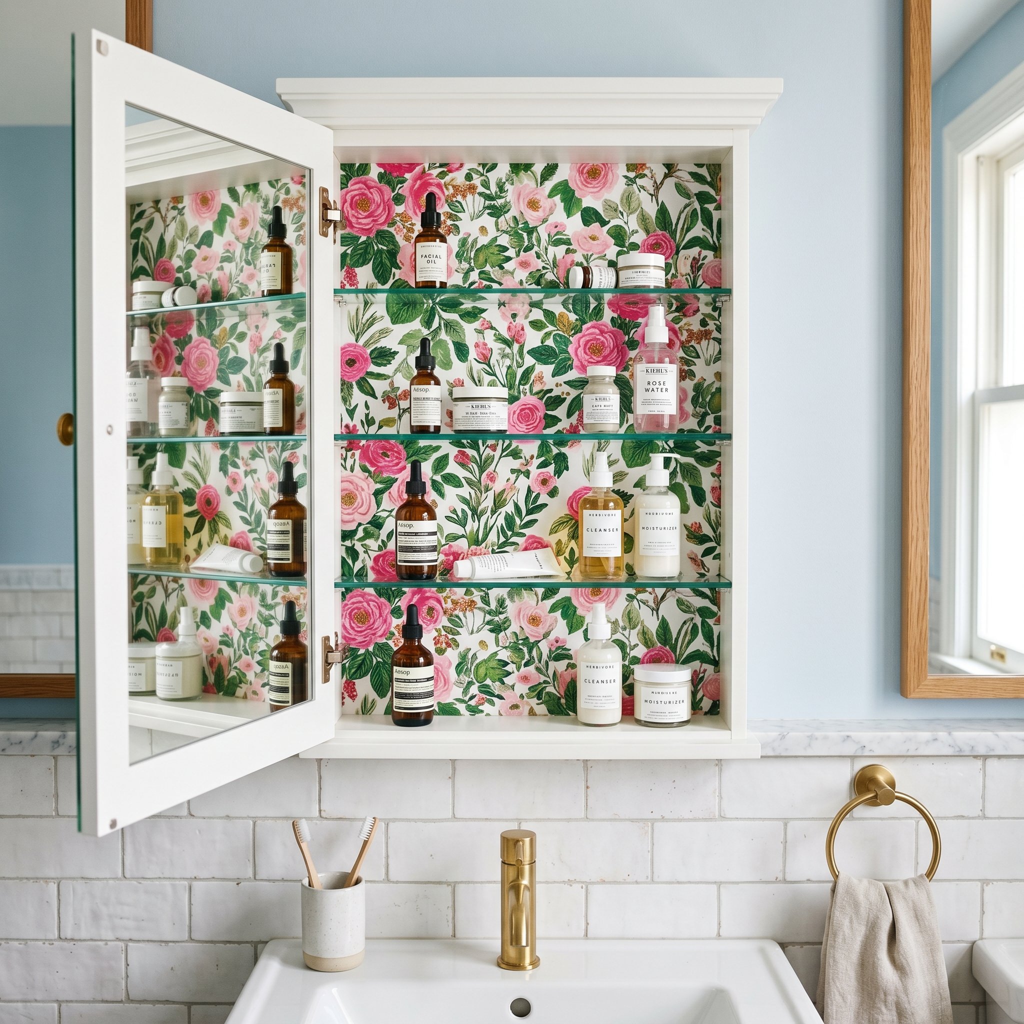 Photorealistic interior photo. A white bathroom medicine cabinet left open, revealing an interior fully lined with bright, vibrant pink and green floral wallpaper. Glass shelves holding simple skincar