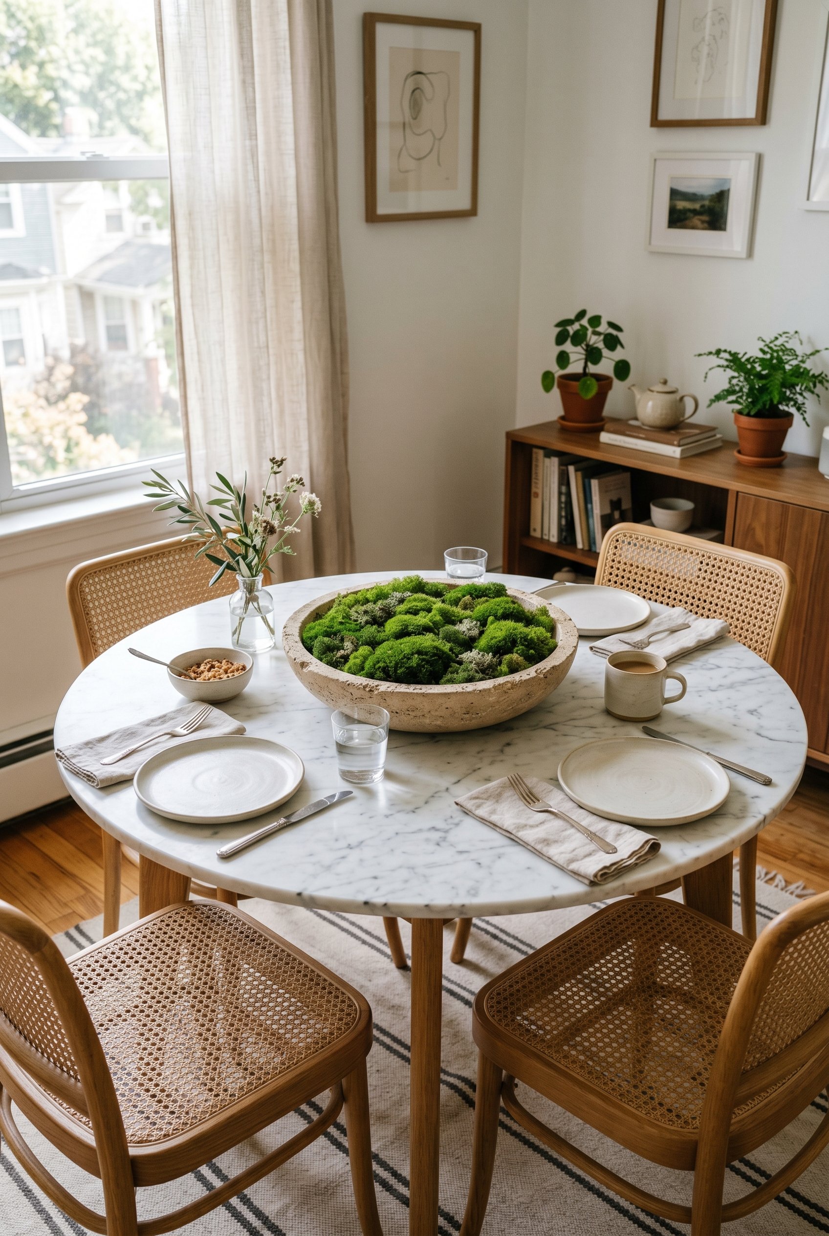 Photorealistic interior photo. A wide, shallow travertine bowl filled with green moss sitting in the center of a round marble dining table, bright morning light, slightly overhead angle. Editorial pho