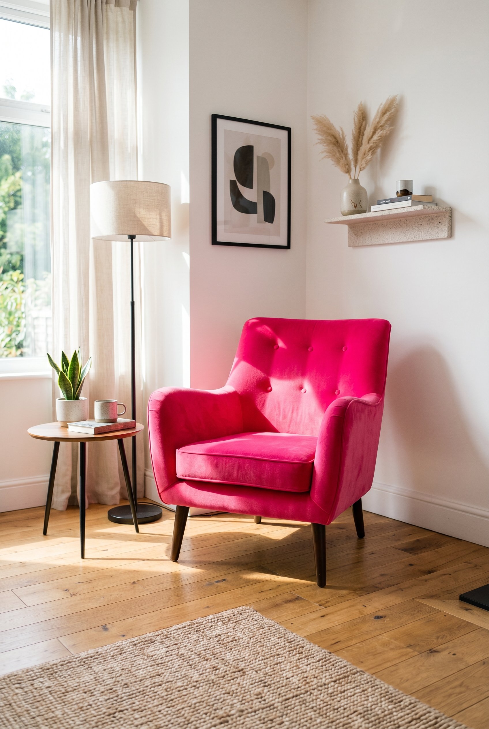 Photorealistic interior photo. A wildly vibrant neon pink velvet vintage armchair sitting in a clean, white, modern living room corner. Hardwood floors, natural sunlight casting soft shadows. Medium s