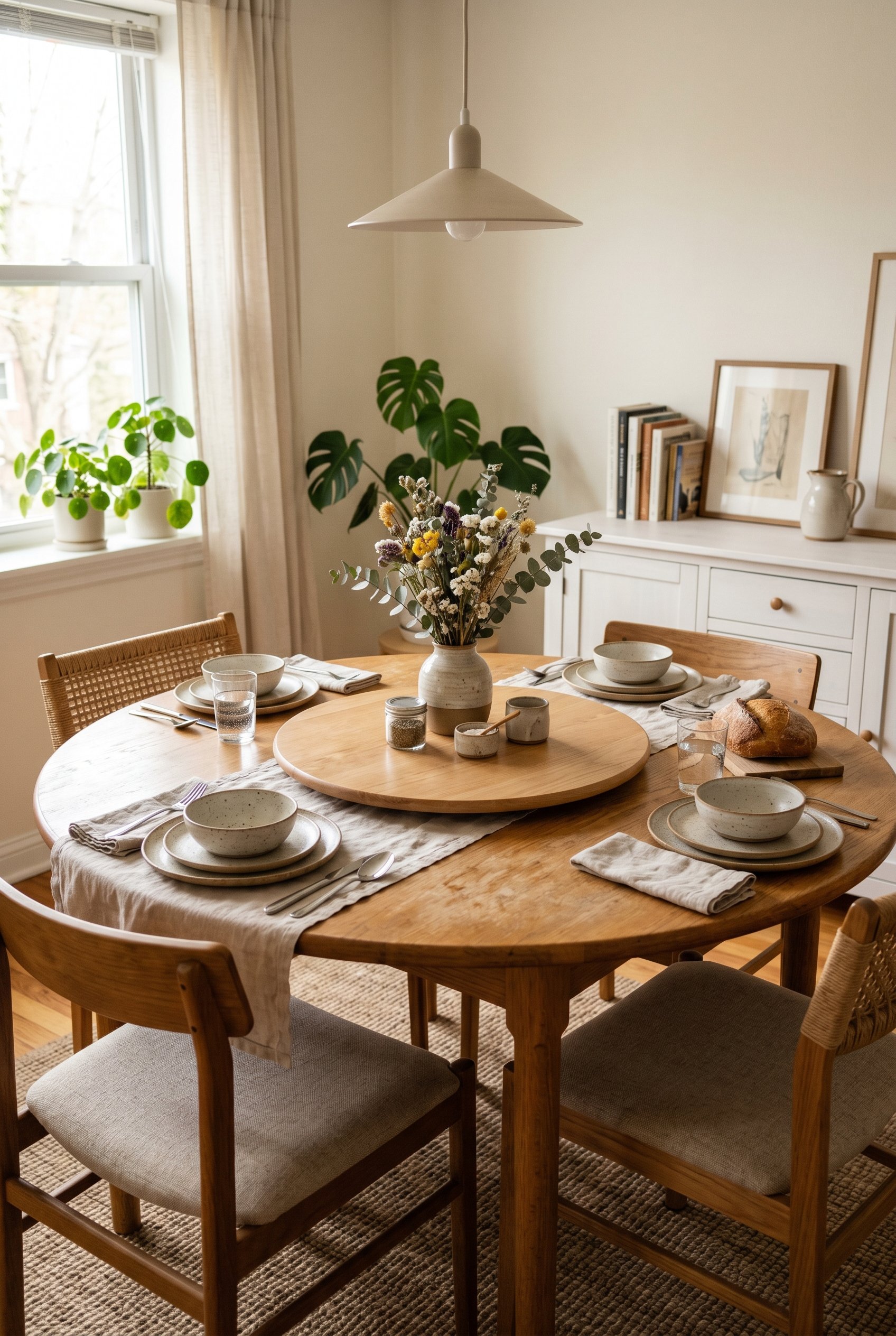 Photorealistic interior photo. A wooden Lazy Susan in the middle of a round dining table holding a small vase and salt cellars, casual everyday setup, bright airy lighting. Editorial photography style