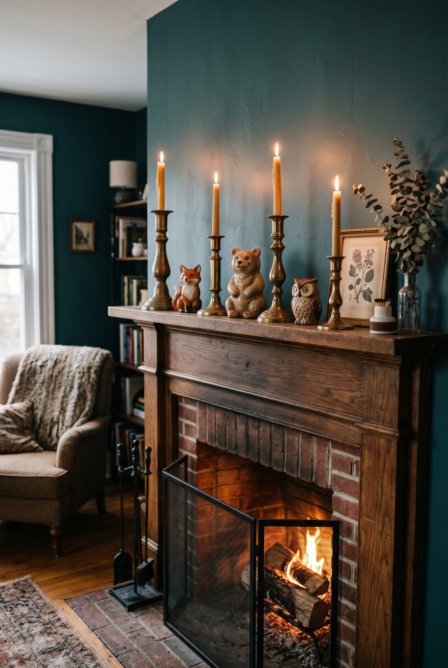 Photorealistic interior photo. A wooden mantel piece styled with an odd-numbered grouping of vintage brass candlesticks and quirky ceramic animal figurines staggered in height. Editorial photography s