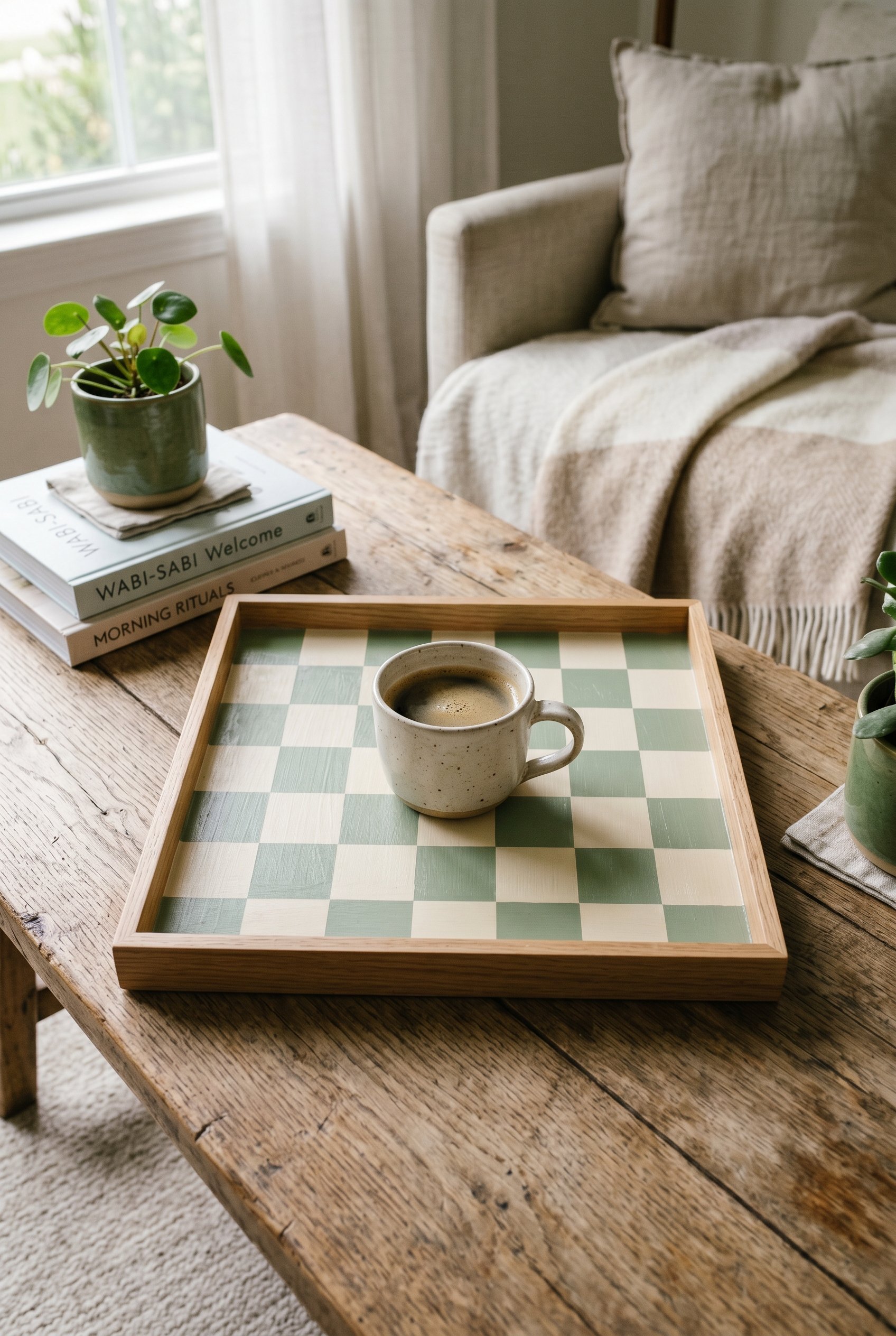 Photorealistic interior photo. A wooden serving tray sitting on a coffee table, painted with a playful sage green and cream checkerboard pattern. Holding a ceramic mug. Soft morning light, top-down an