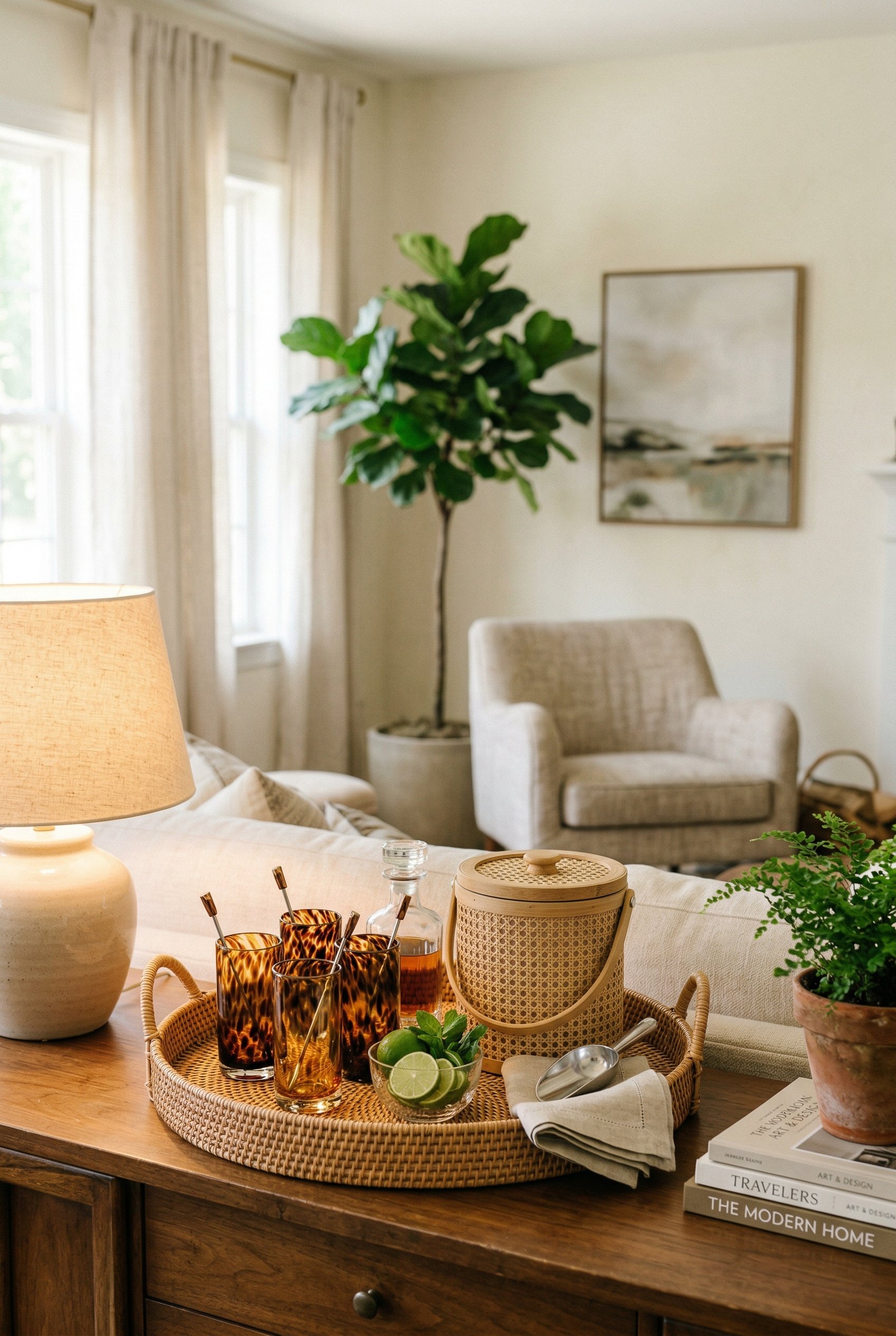 Photorealistic interior photo. A woven rattan tray resting on a console table, styled with tortoiseshell highball glasses and a cane-wrapped ice bucket. Editorial photography style, no people visible.