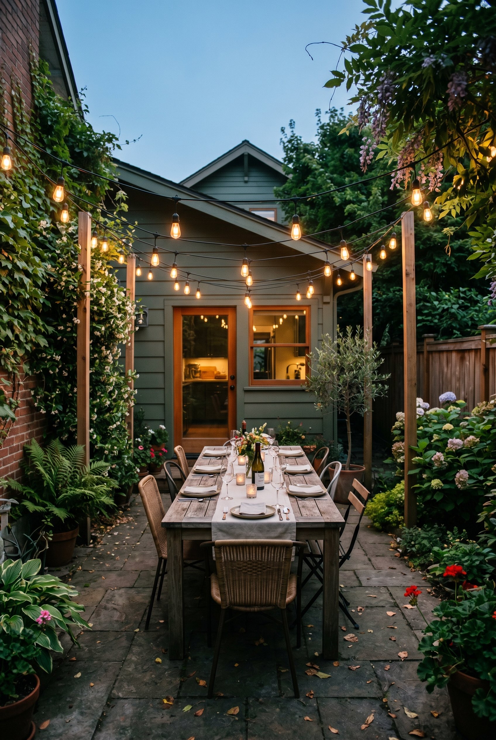 Photorealistic interior photo. Al fresco dining patio at dusk, heavy duty edison string lights zig-zagging tightly over a long teak table, lush greenery, dim ambient lighting, wide angle. Editorial ph