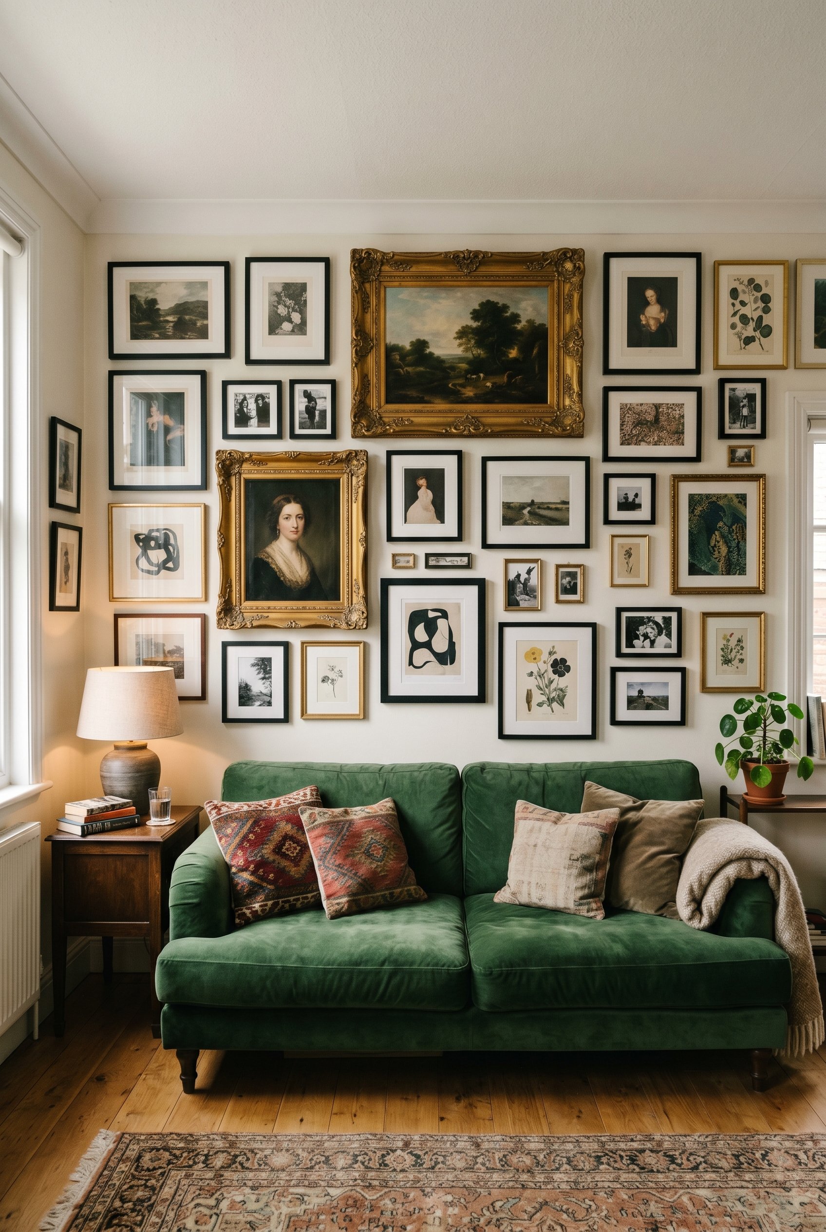 Photorealistic interior photo. An eclectic, floor-to-ceiling gallery wall mixing large ornate gold frames with small simple black frames over a velvet sofa. Editorial photography style, natural lighti