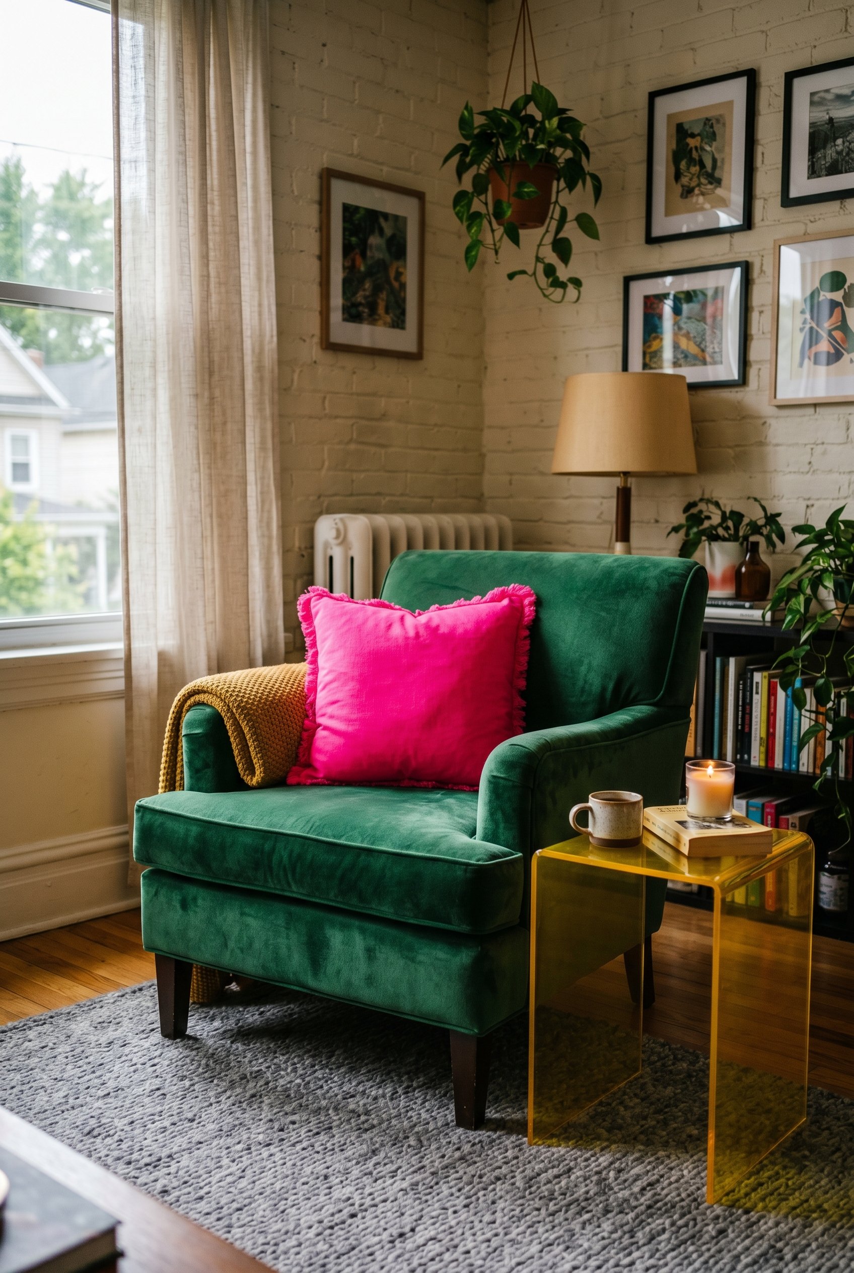 Photorealistic interior photo. An emerald green velvet armchair contrasted with a blindingly bright hot pink decorative throw pillow and a yellow acrylic side table. Editorial photography style, drama