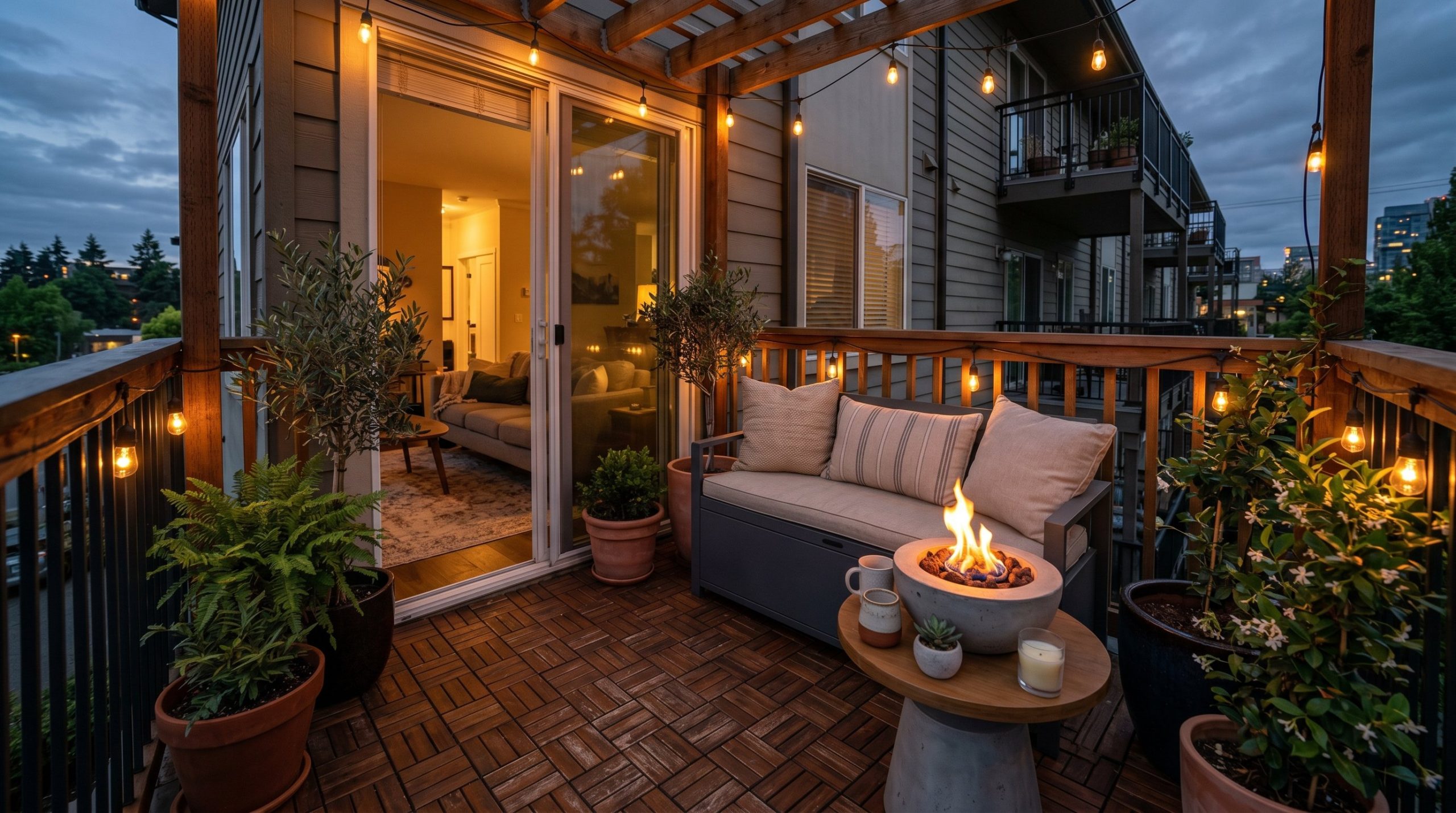 Photorealistic interior photo. An intimately styled small outdoor deck at dusk, featuring warm amber string lights, rich teak interlocking floor tiles, a sleek charcoal storage bench with linen cushio