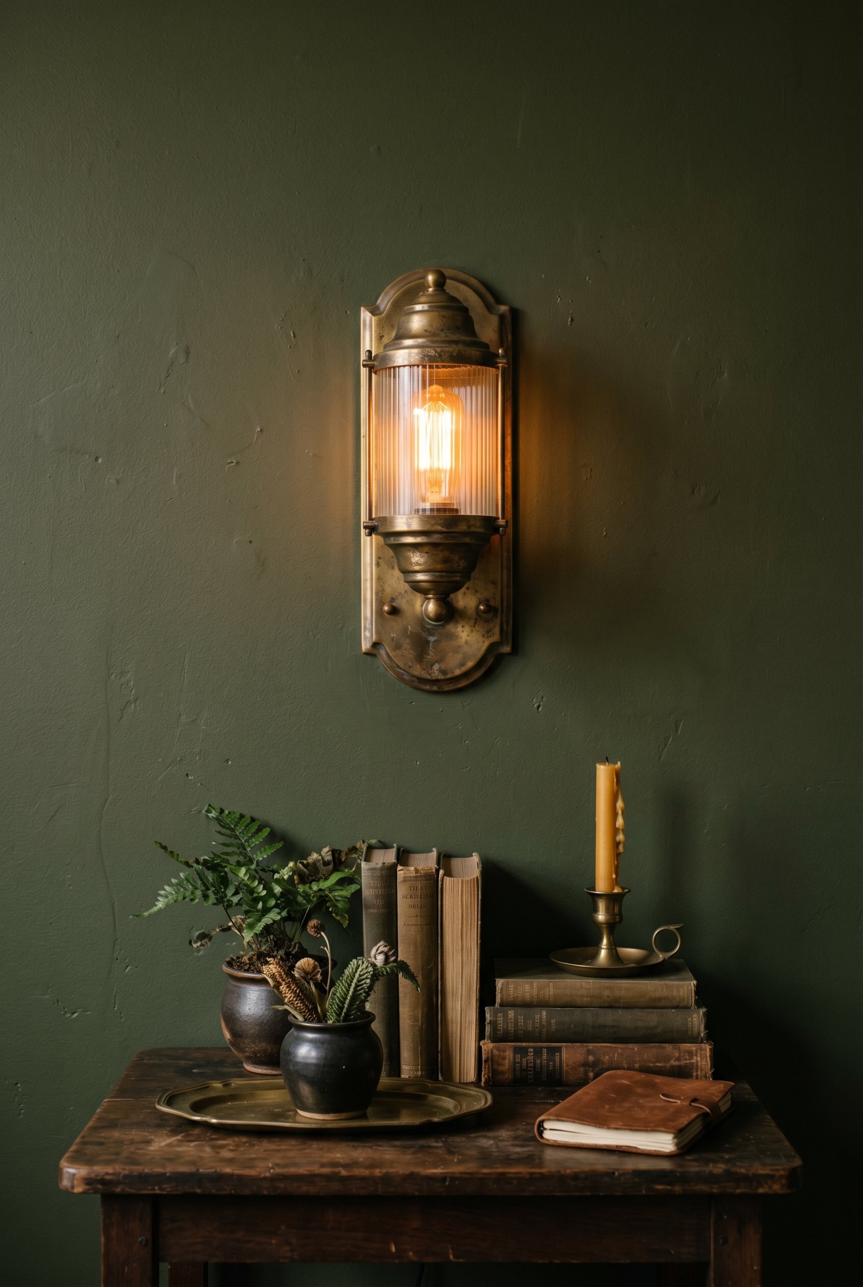 Photorealistic interior photo. Antique brass wall sconce with a glowing warm smart bulb, mounted on a dark olive green wall above a vintage side table, close up angle. Editorial photography style, no 
