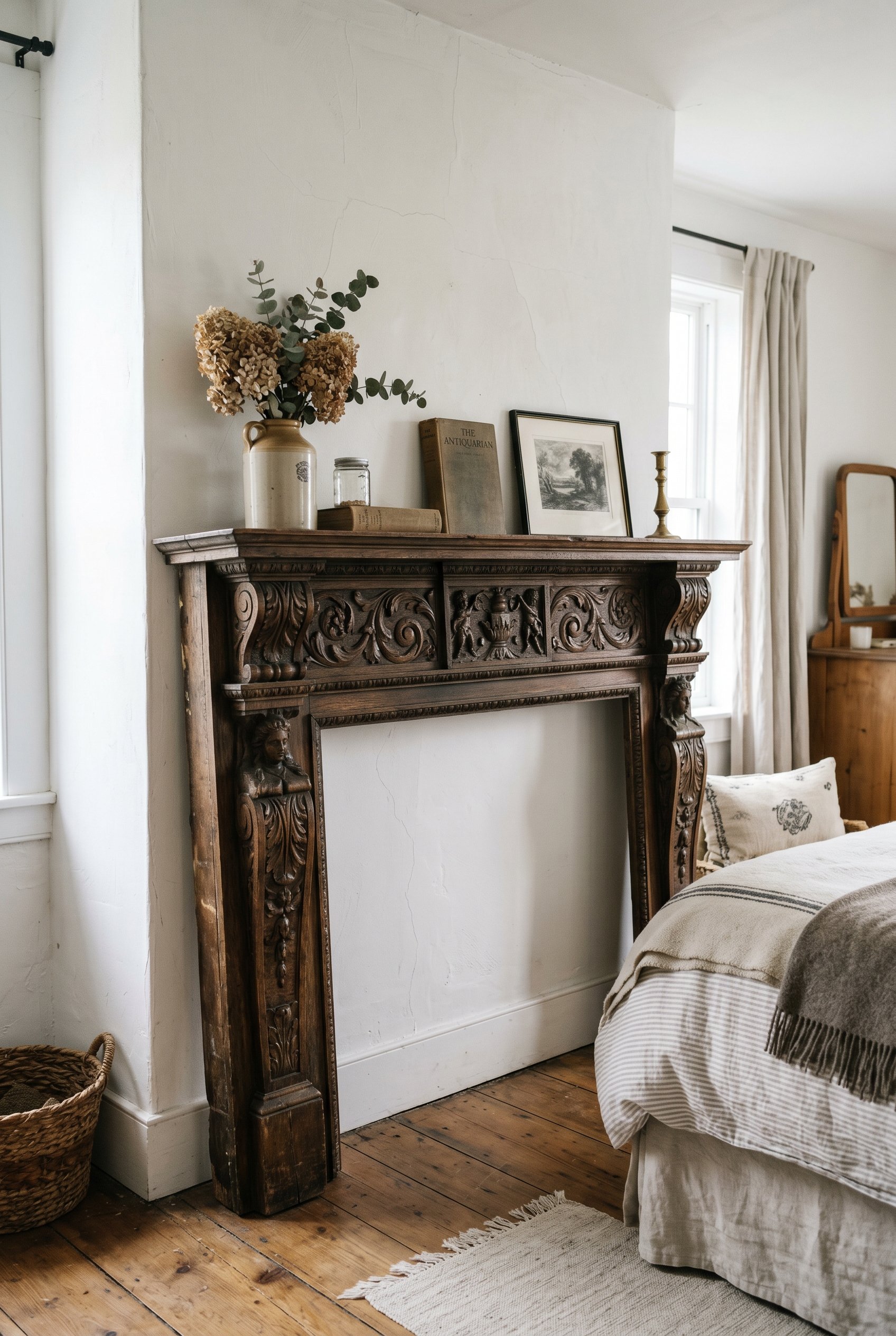 Photorealistic interior photo. Antique carved wooden fireplace mantel salvaged and leaning against a blank white wall in a bedroom, used as a decorative shelf, medium shot. Editorial photography style