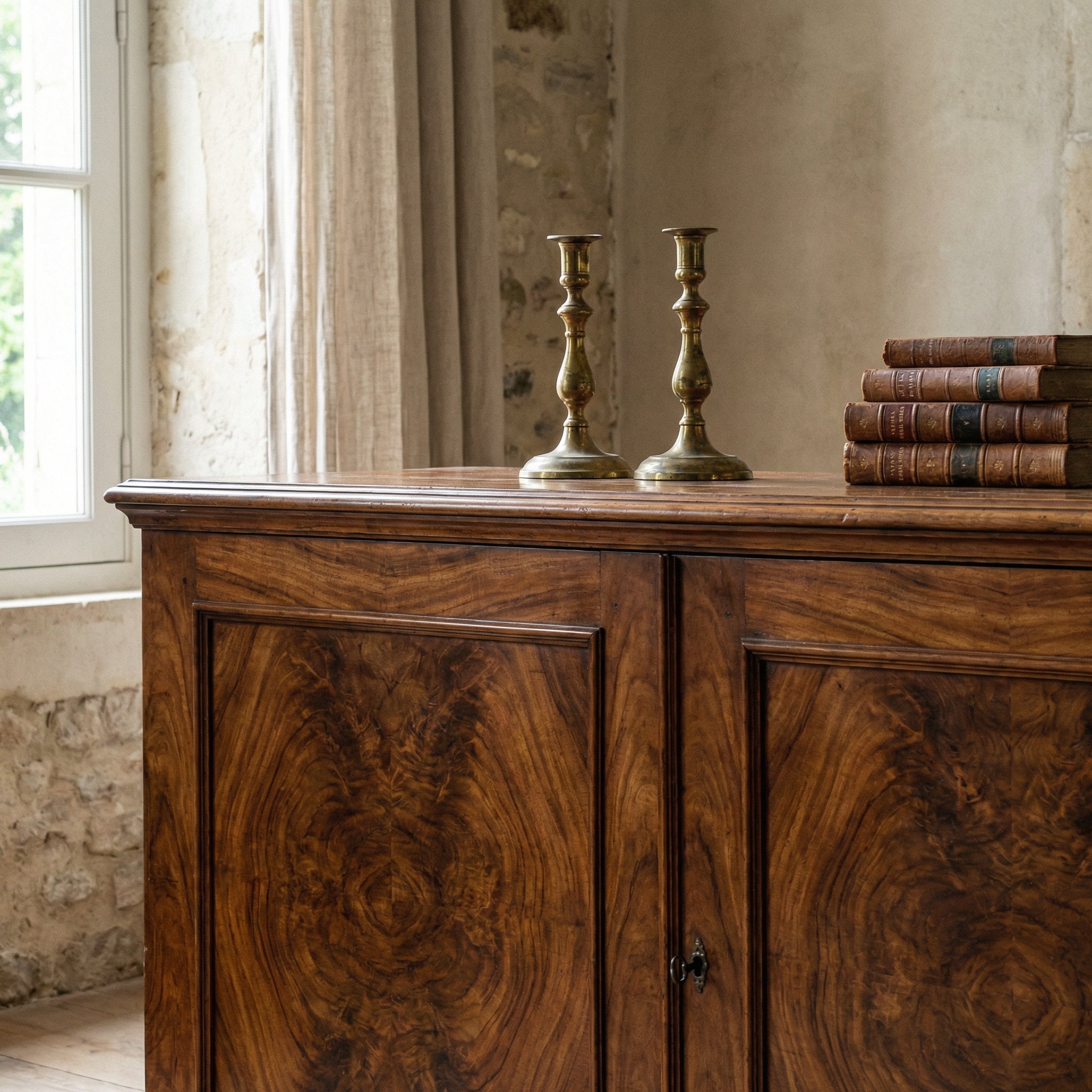 Photorealistic interior photo. Antique solid burl wood sideboard with intricate grain, styled with vintage brass candlesticks and a stack of old books. Natural daylight, straight-on camera angle. Edit