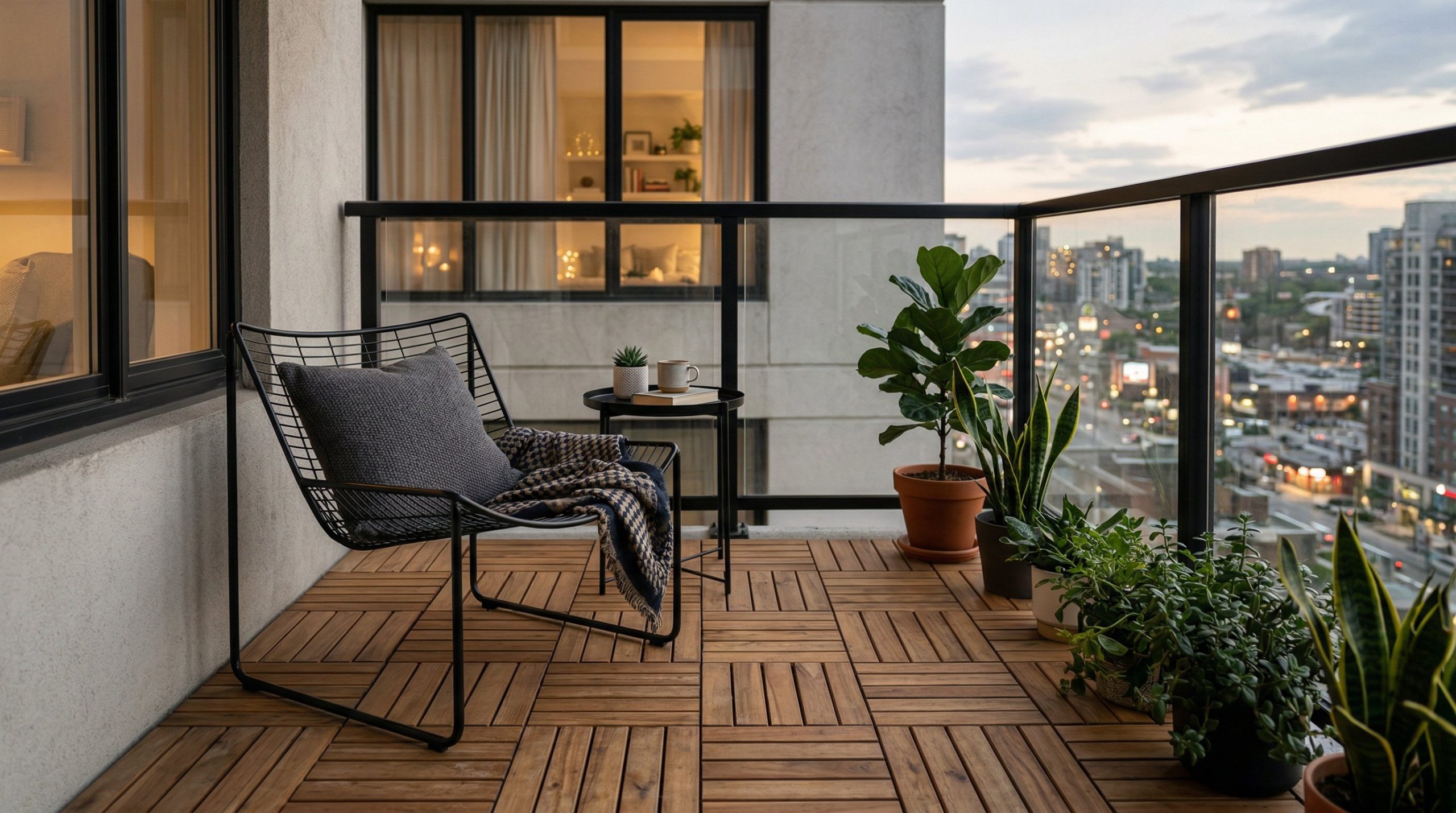 Photorealistic interior photo. Apartment balcony floor covered in square interlocking teak wood decking tiles. A modern black metal outdoor chair sits in the corner. Editorial photography style, no pe