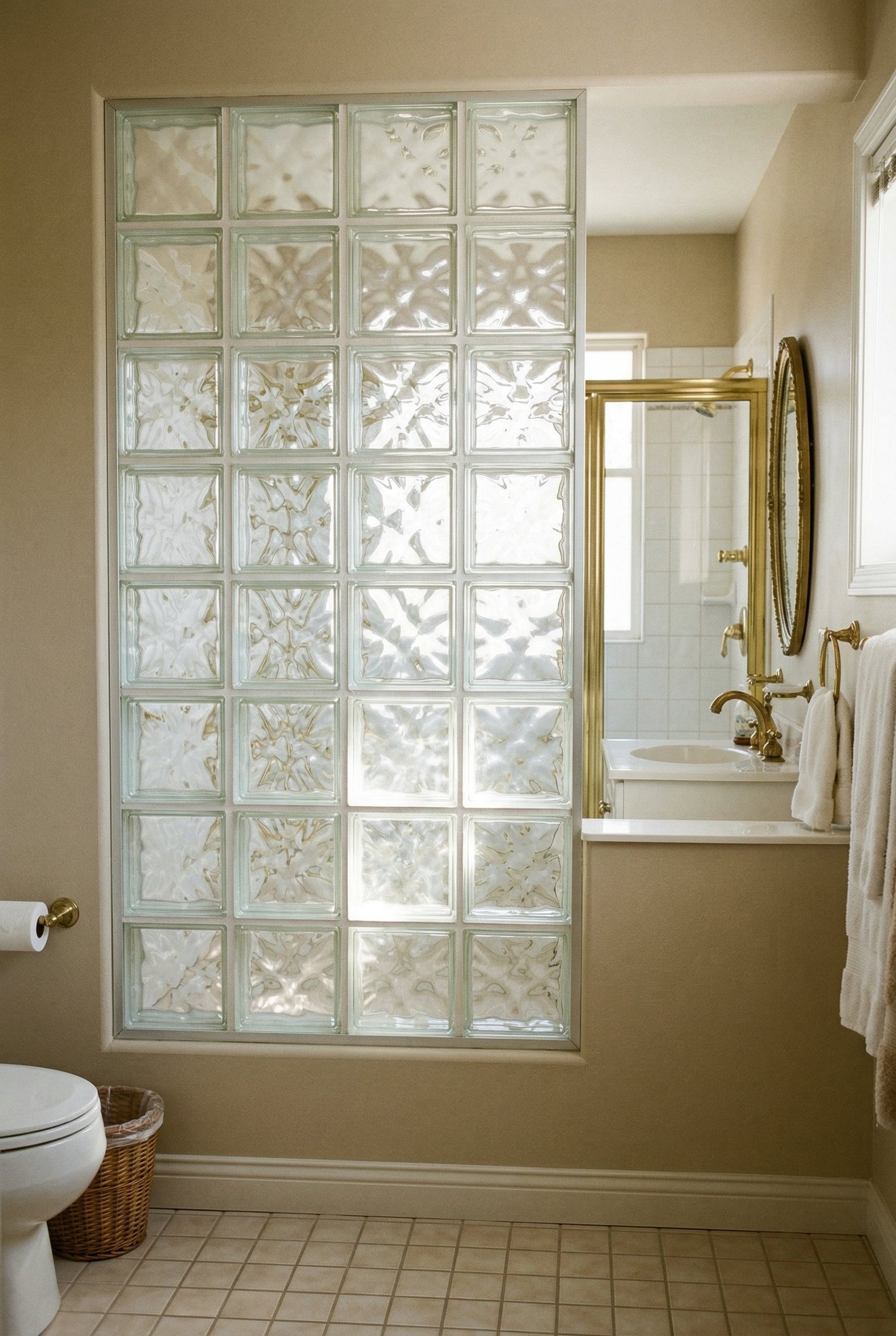 Photorealistic interior photo. Authentic 90s glass block wall acting as a bathroom room divider, brass fixtures in the background, bright natural sunlight catching the glass, straight-on angle. Editor
