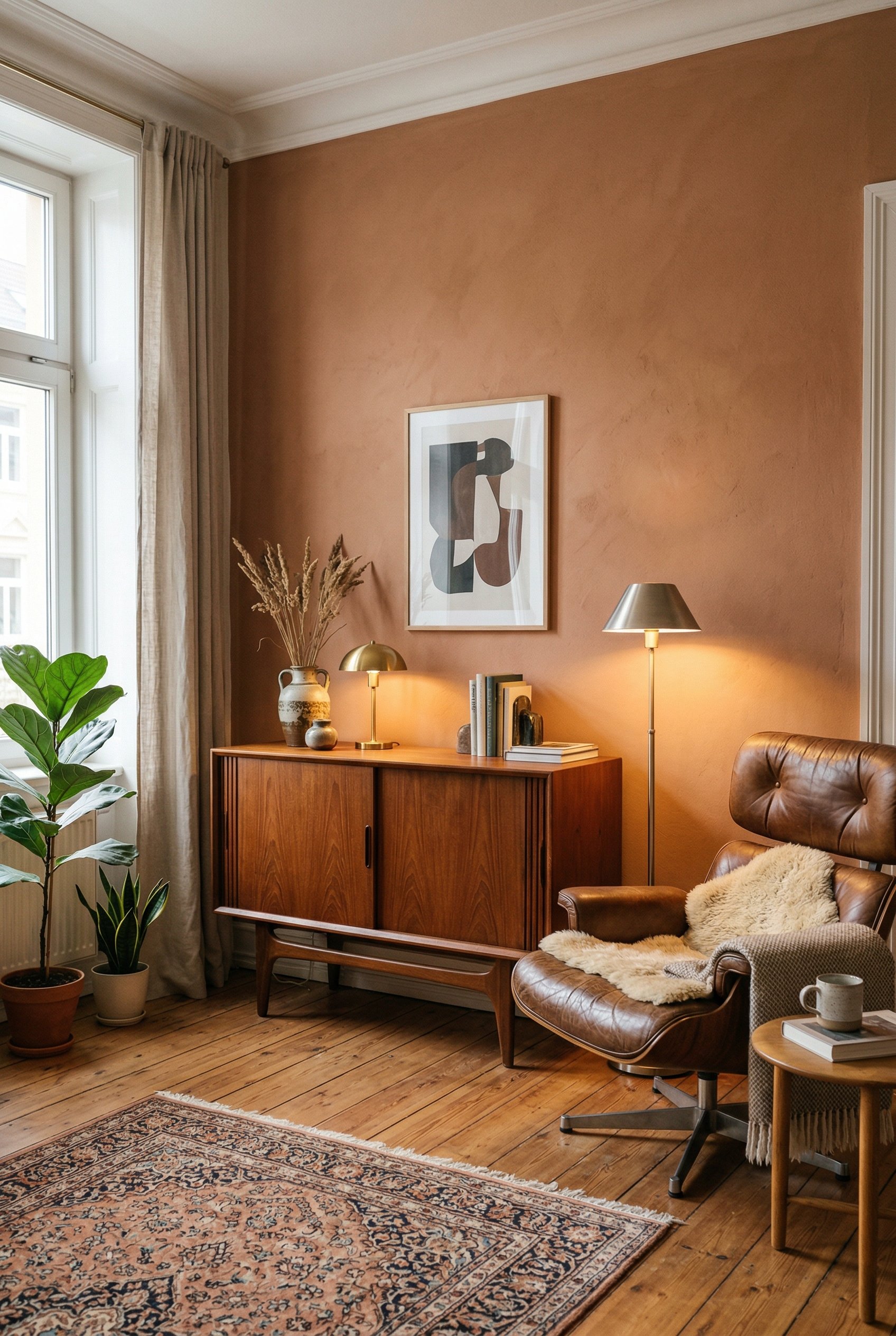 Photorealistic interior photo. Authentic Danish teak sideboard next to a vintage leather lounge chair, set against an earthy painted wall, natural light mixed with warm lamp light. Editorial photograp