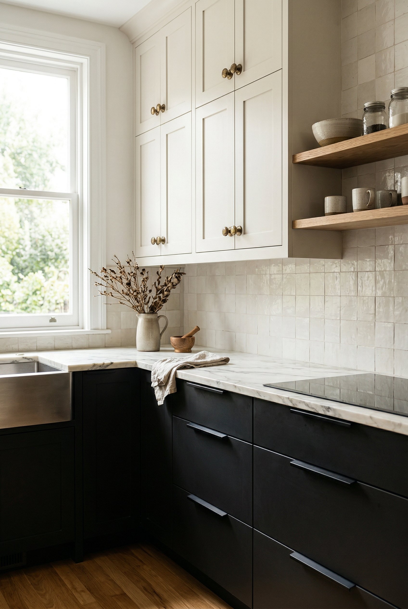 Photorealistic interior photo. Authentic patinated vintage brass knobs on upper cabinets paired with sleek, modern matte black edge pulls on lower cabinets. Bright daylight, 45-degree angle. Editorial