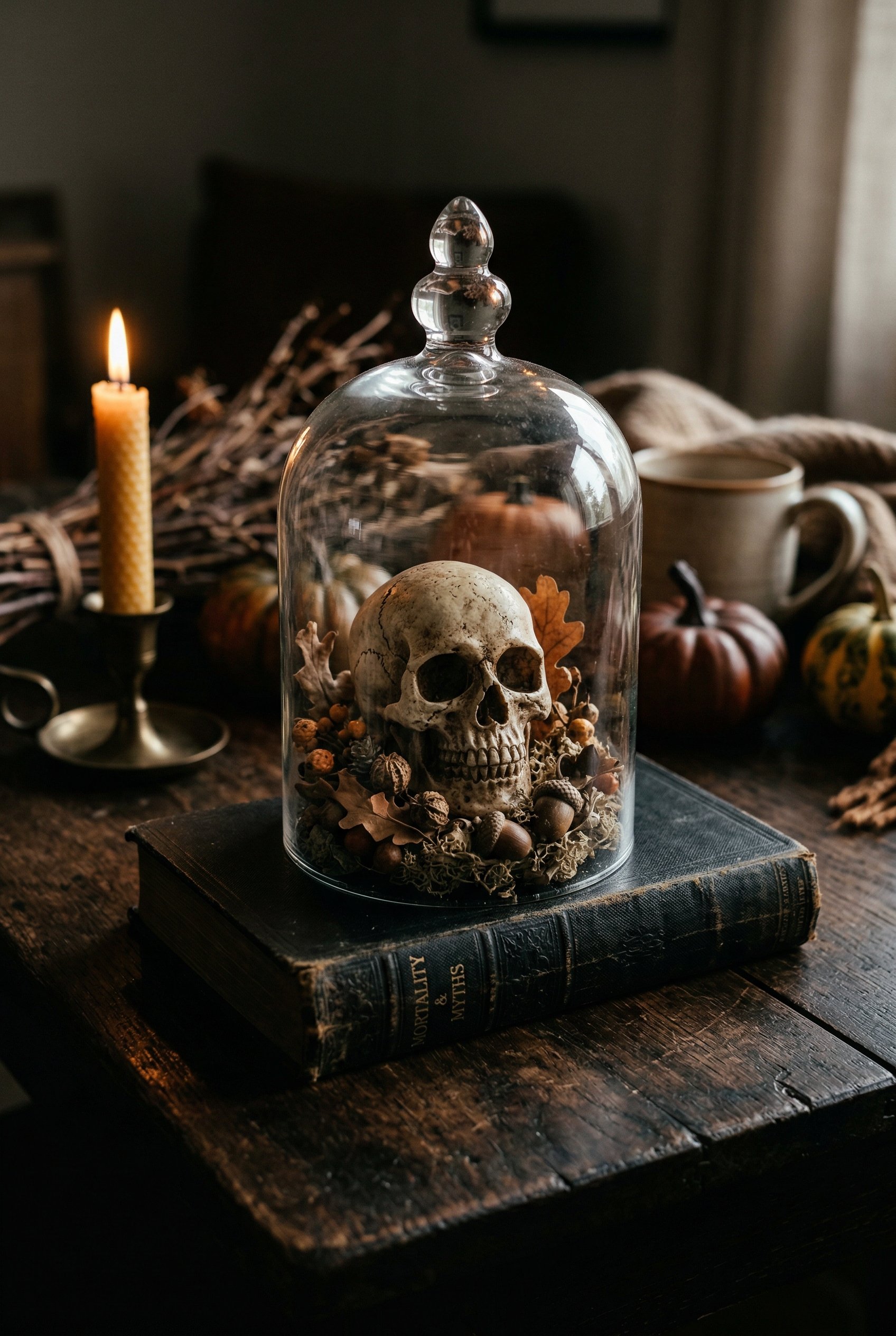 Photorealistic interior photo. Autumn decor featuring a glass cloche housing a small resin skull resting on a black vintage book, dark moody lighting, deep shadows, eye-level camera angle. Editorial p