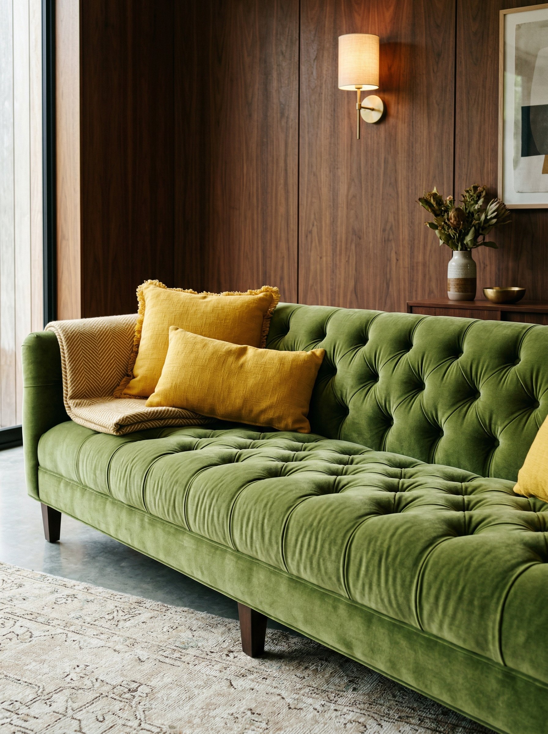 Photorealistic interior photo. Avocado green velvet low-slung sofa with deep tufting, mustard yellow throw pillows, dark wood paneling in background, close-up angled shot. Editorial photography style,