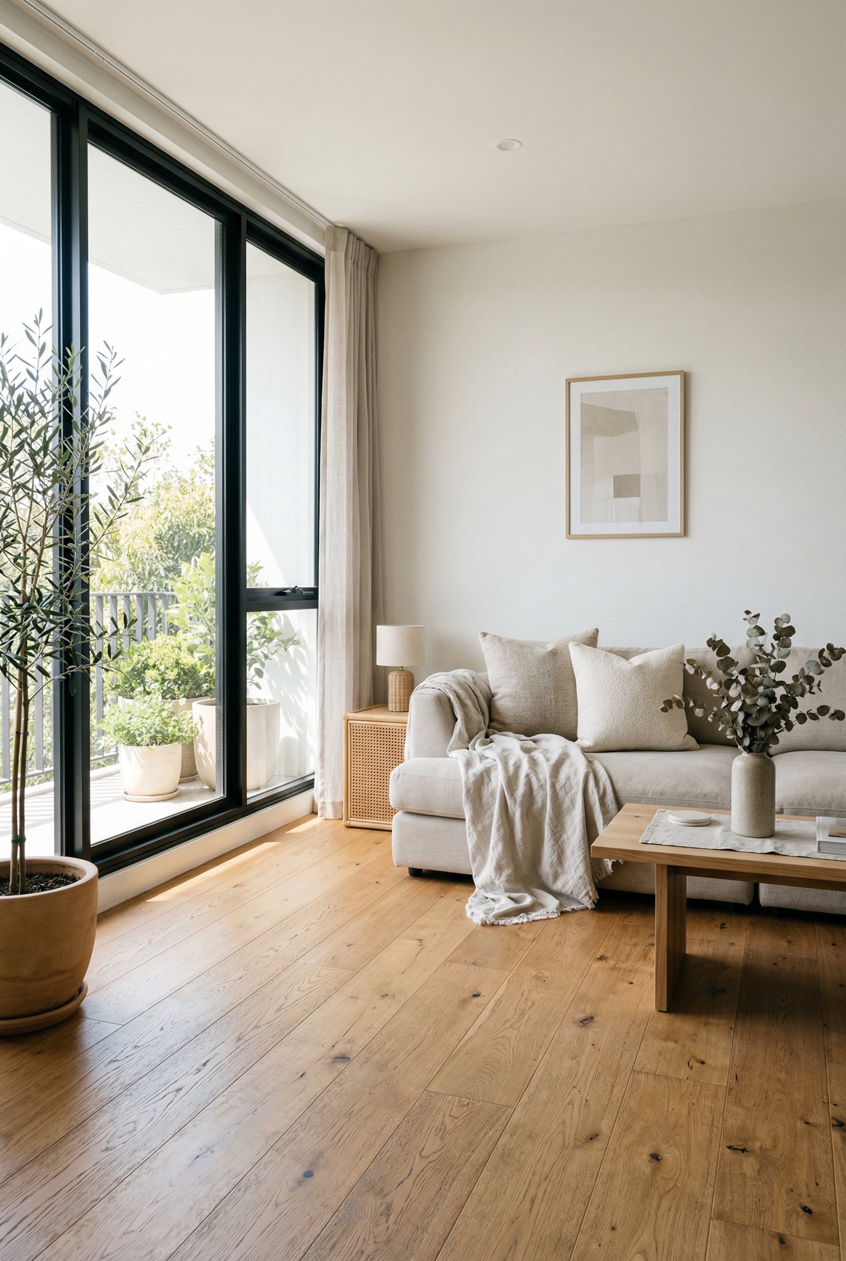 Photorealistic interior photo. Bare, warm oak hardwood floors in a sunlit living room, modern sofa with light linen throw, minimalist and airy aesthetic. Editorial photography style, no people visible