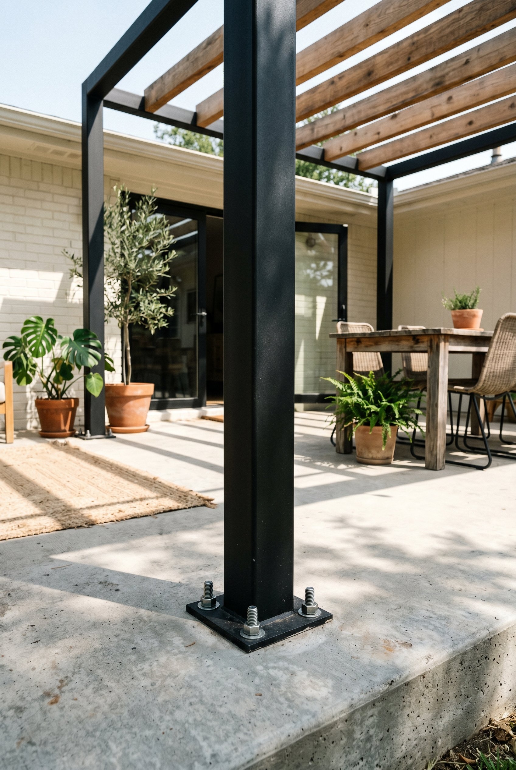 Photorealistic interior photo. Base of a black metal pergola post bolted cleanly into a smooth concrete slab with exposed stainless steel anchors, brutalist modern styling, high sun, low angle. Editor
