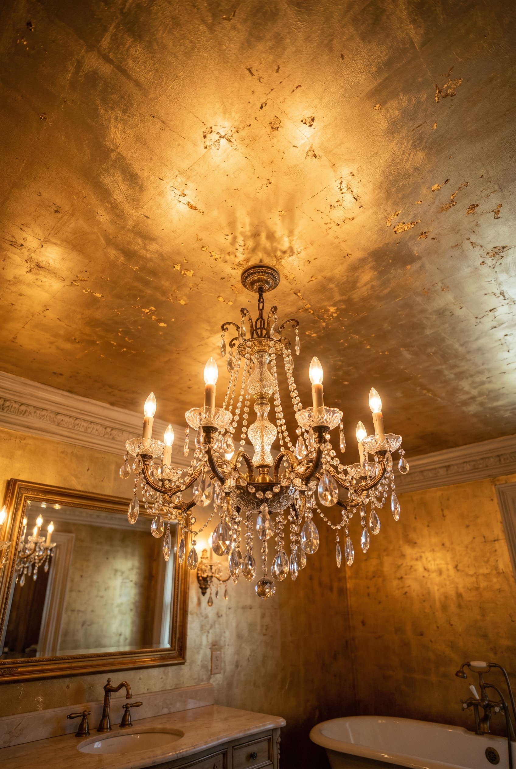 Photorealistic interior photo. Bathroom ceiling painted with subtle distressed gold leaf finish, reflecting light from a crystal chandelier below, warm glowing light, low angle upward shot. Editorial 