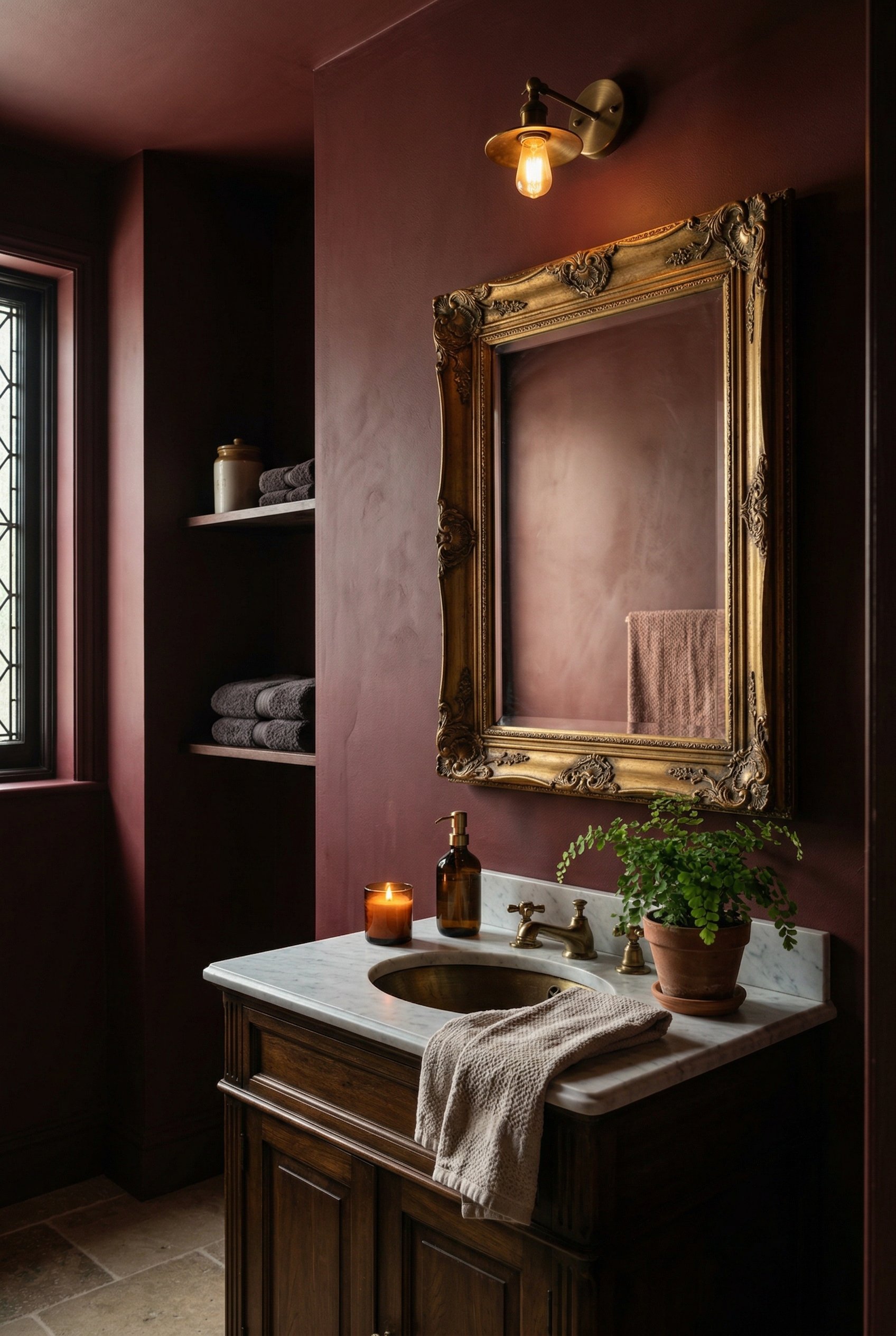 Photorealistic interior photo. Bathroom corner painted in rich oxblood red Farrow and Ball Brinjal. Antique gold framed mirror on the wall. Warm moody lighting. Editorial photography style, no people 