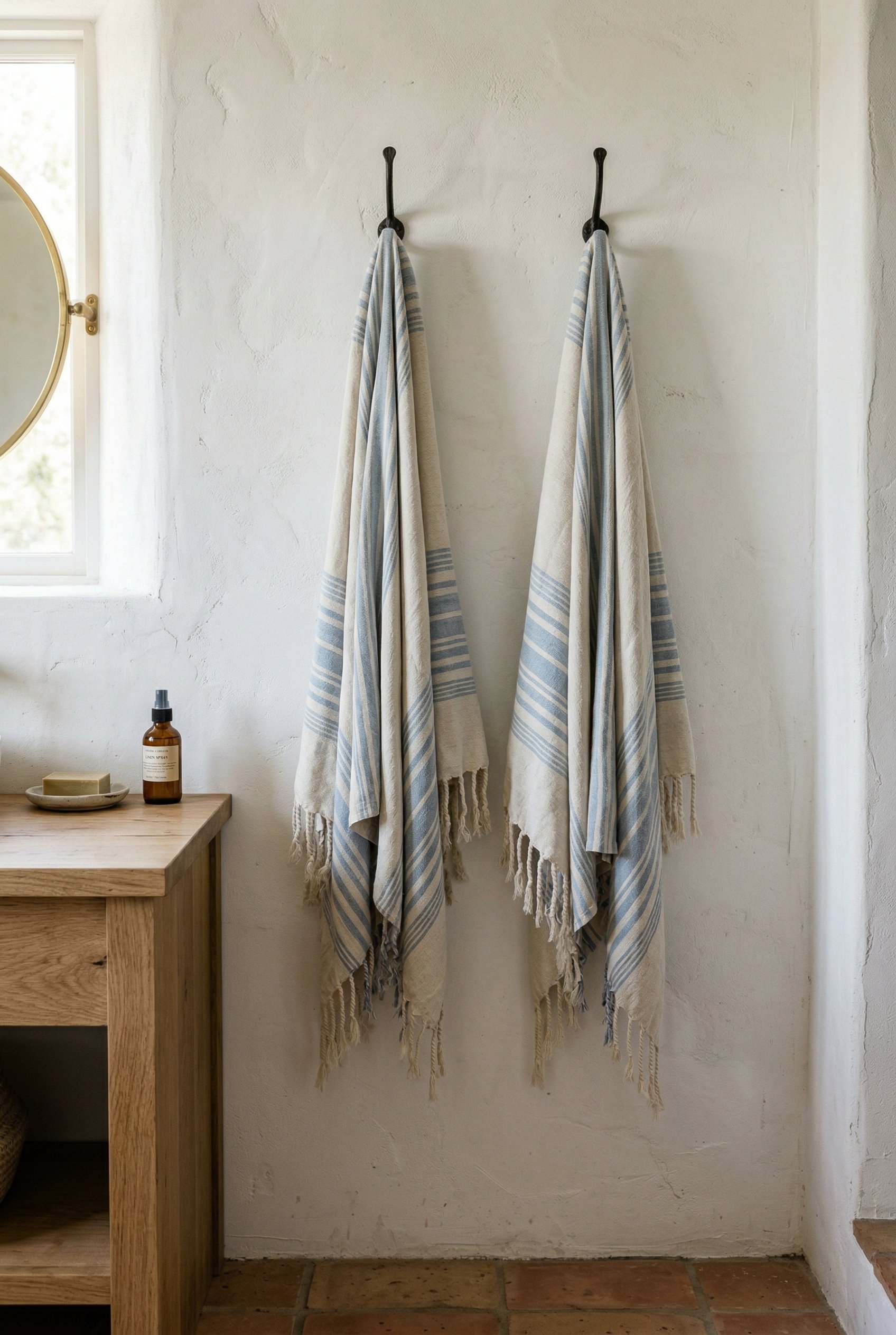 Photorealistic interior photo. Bathroom wall hooks holding fringed, flat-weave Turkish towels in faded French blue stripes, white plaster wall, soft lighting, straight-on angle. Editorial photography 