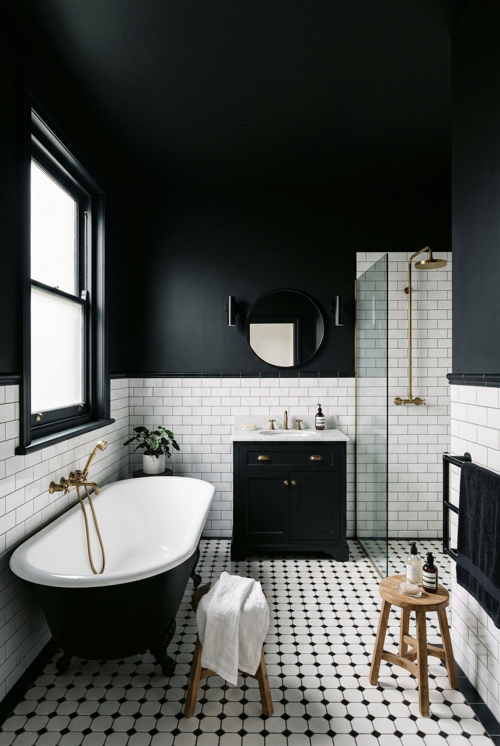 Photorealistic interior photo. Bathroom with crisp white subway tile on the bottom half of the walls, and pitch black paint on the top half and ceiling. High contrast. Editorial photography style, wid