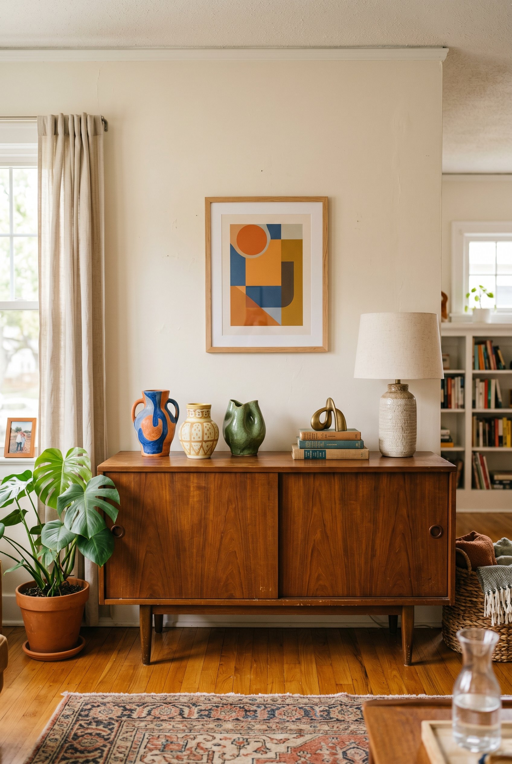 Photorealistic interior photo. Beautiful mid-century modern wooden credenza with doors closed, colorful sculptural art pieces resting on top, soft diffuse lighting, straight-on angle. Editorial photog