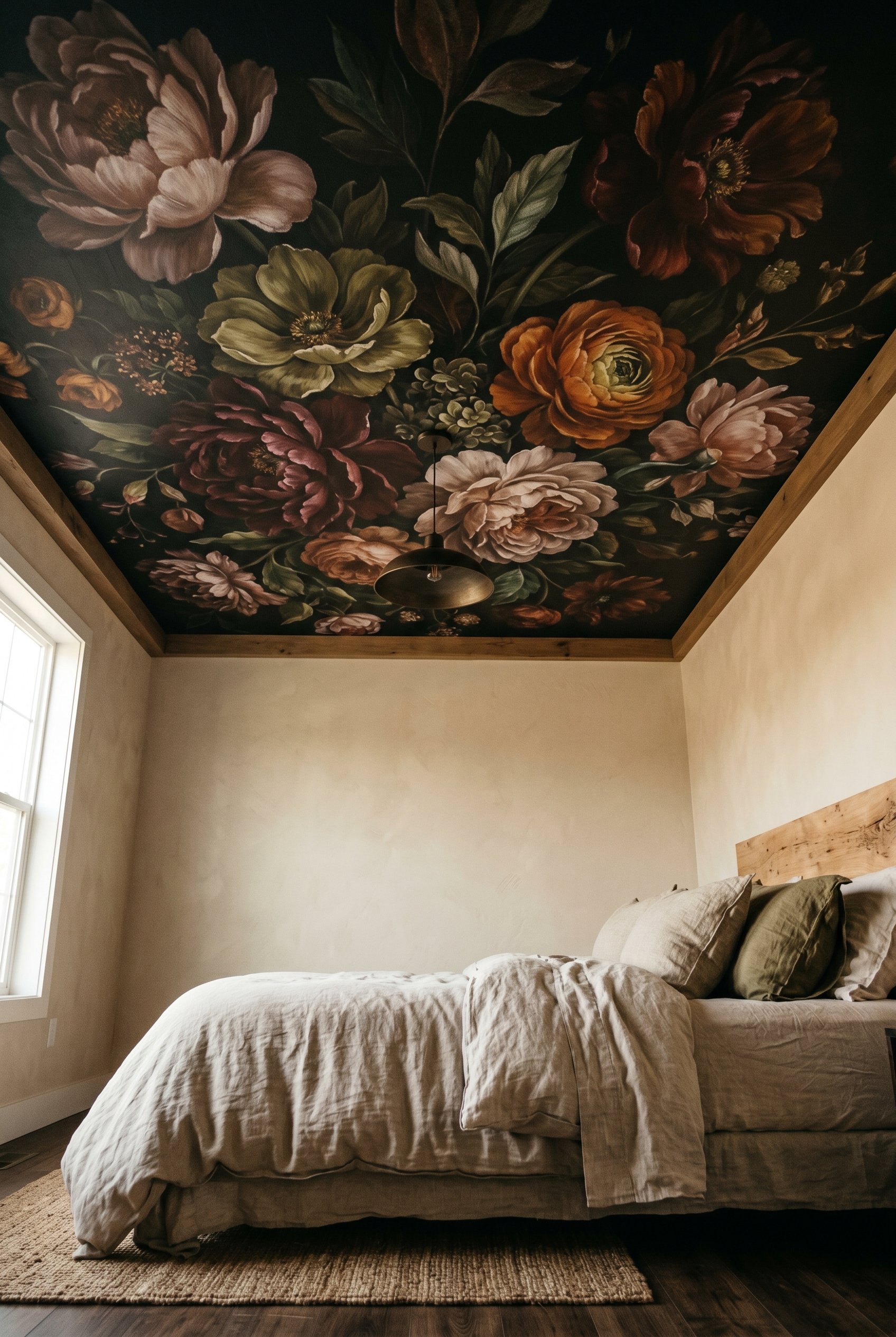 Photorealistic interior photo. Bedroom looking up at the ceiling, featuring a dark, moody, oversized floral ceiling mural. Light beige walls, natural linen bedding. Natural sunlight, low angle looking