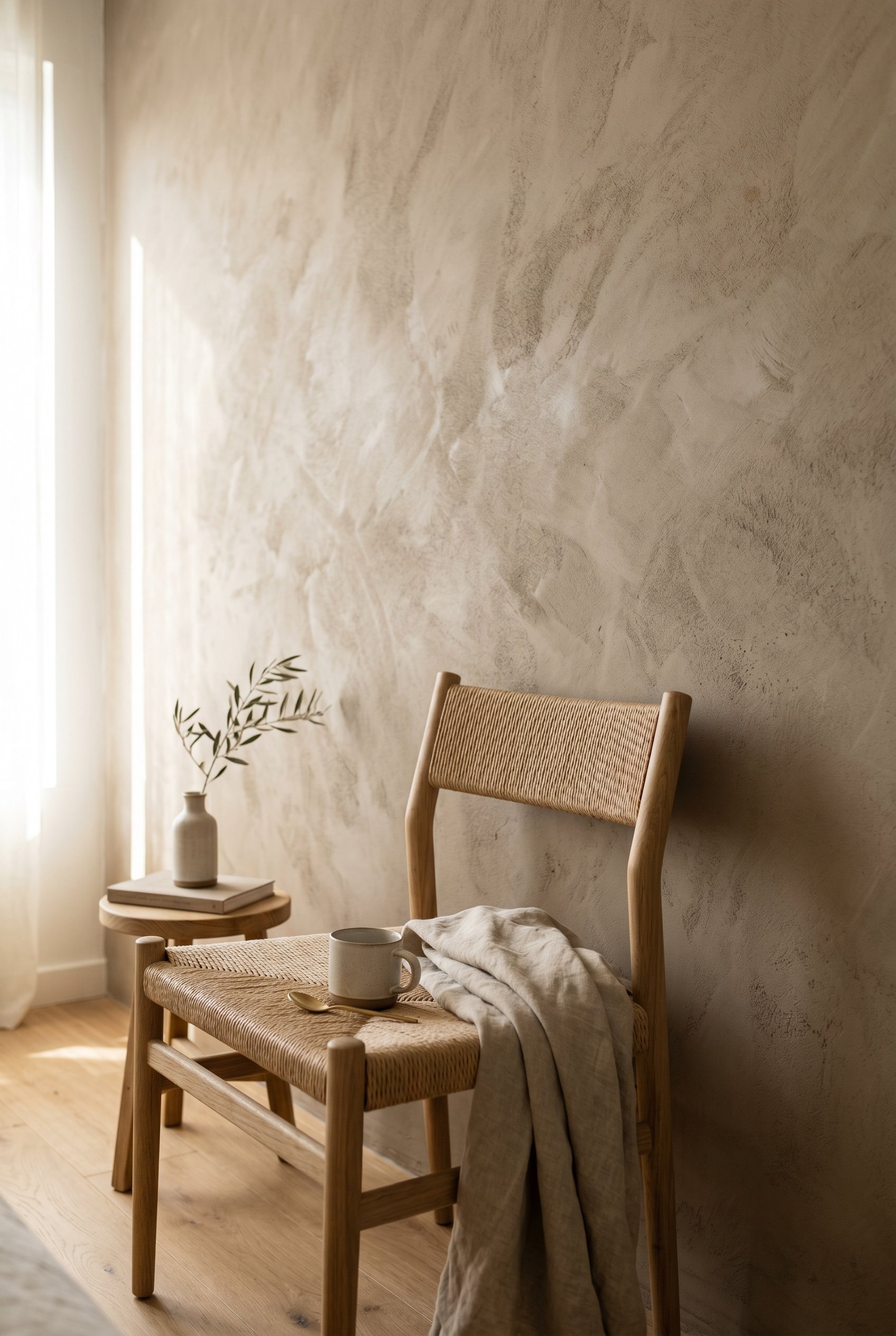 Photorealistic interior photo. Bedroom wall showing textured lime wash paint in a warm taupe color, sunlight hitting the wall, minimalist wooden chair nearby, tight camera angle. Editorial photography