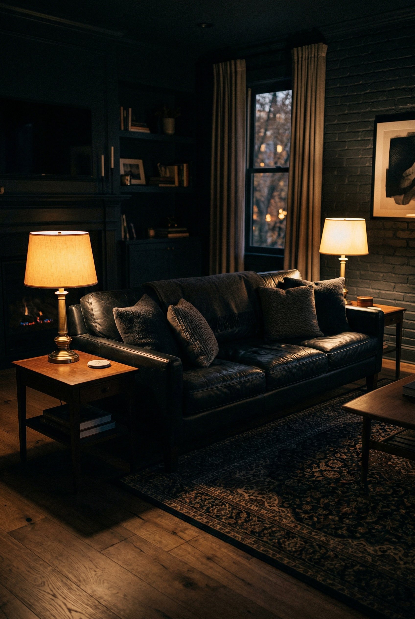 Photorealistic interior photo. Black couch illuminated by glowing 2700K warm white table lamps, deep shadows, cozy evening ambiance, low camera angle. Editorial photography style, no people visible.