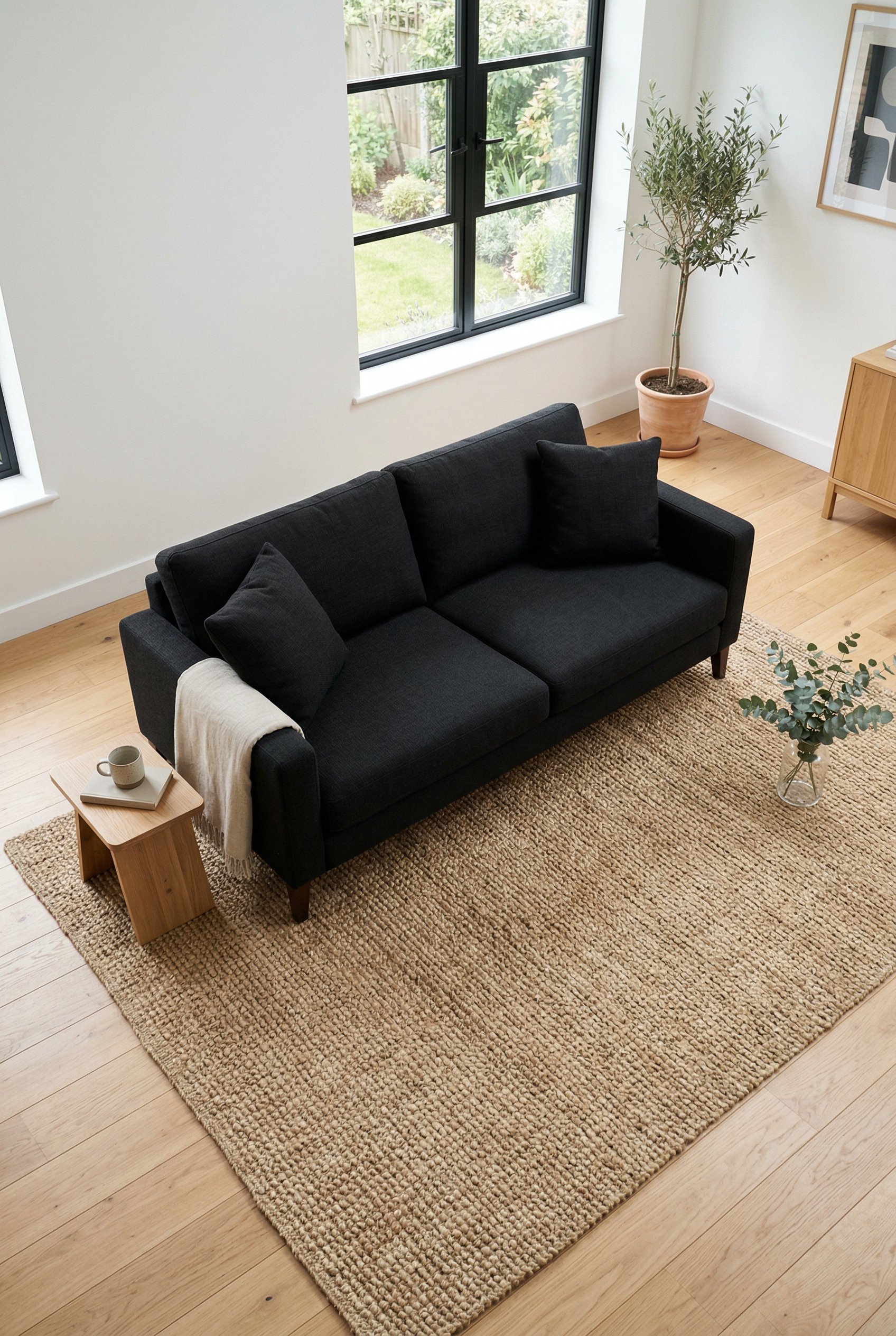 Photorealistic interior photo. Black fabric sofa sitting on a chunky natural jute flatweave rug, bright room, minimal styling, top-down angled shot. Editorial photography style, no people visible.