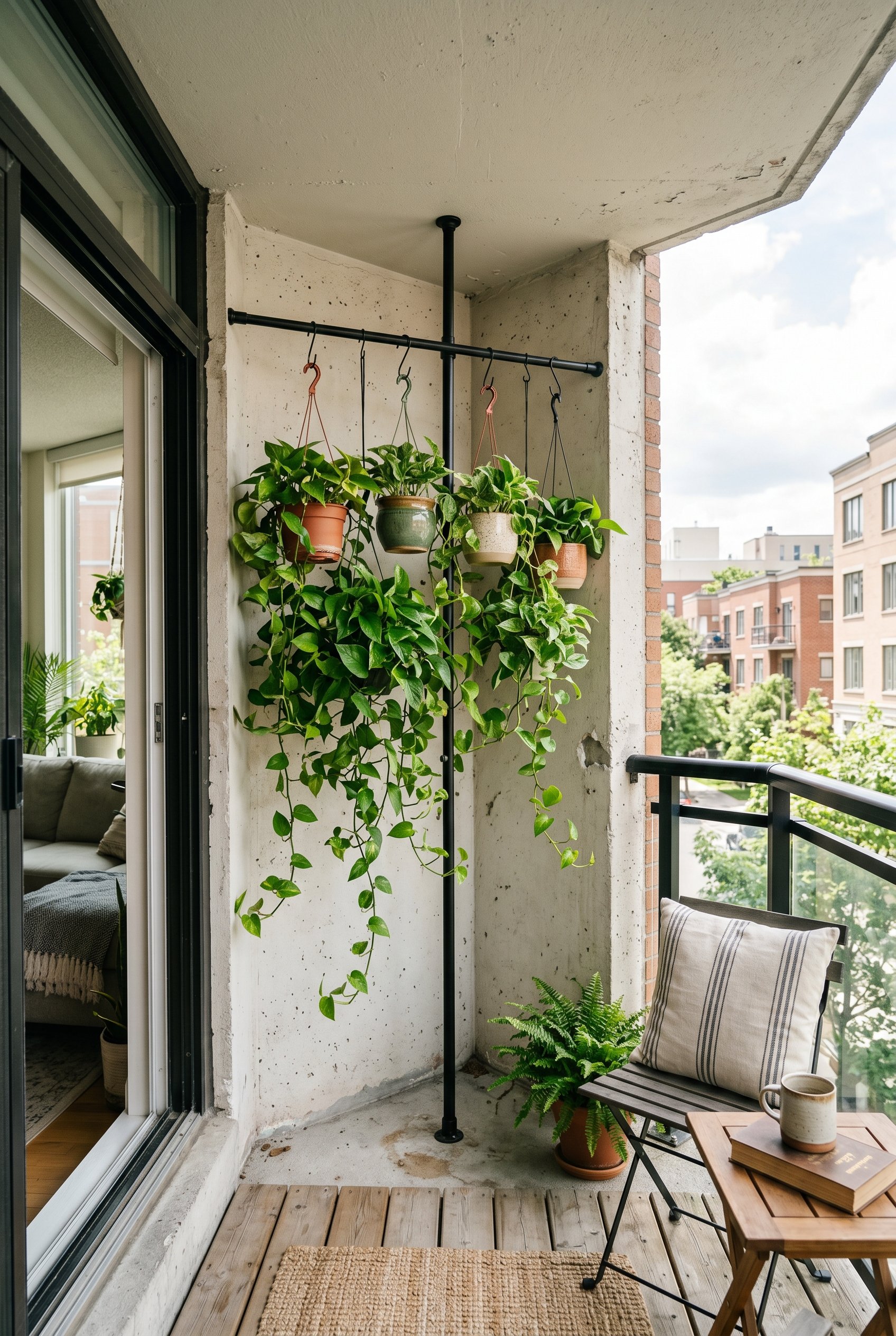 Photorealistic interior photo. Black floor-to-ceiling metal tension rod wedged in the corner of a concrete balcony, hanging trailing pothos plants from S-hooks, bright daylight, vertical angle. Editor