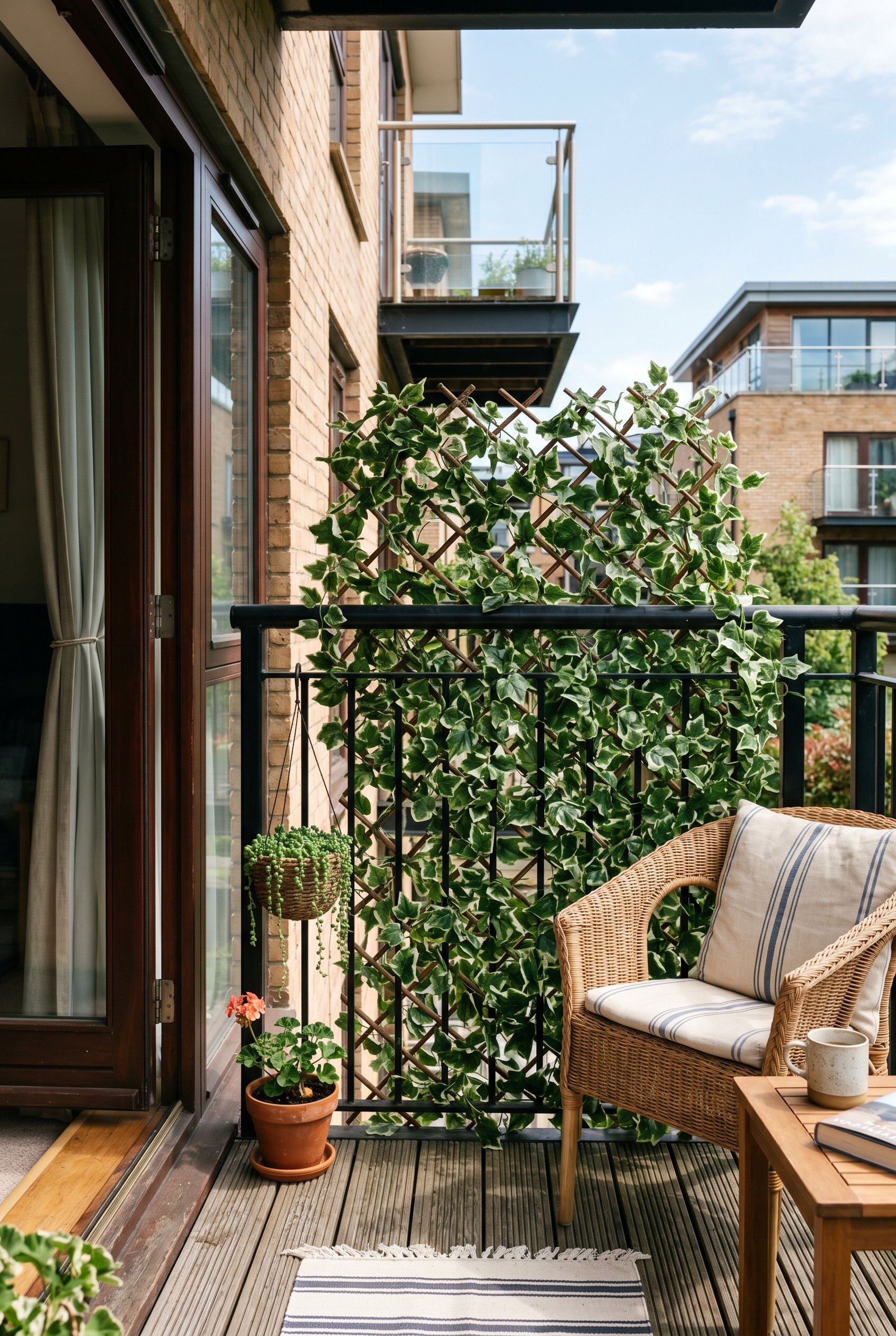 Photorealistic interior photo. Black metal apartment balcony railing completely covered by a dense, realistic faux ivy expandable trellis. Bright midday sun, eye-level camera angle. Editorial photogra
