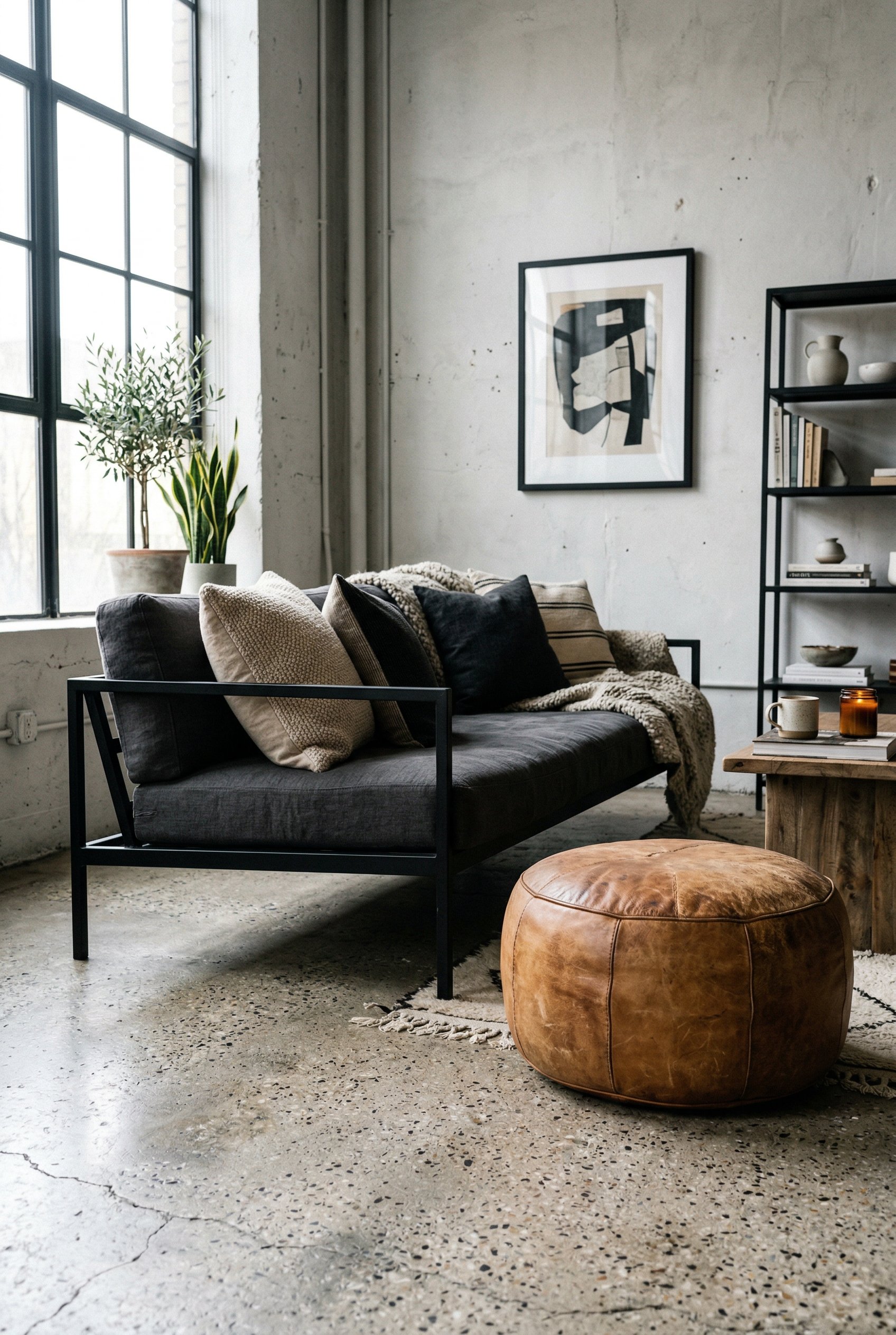 Photorealistic interior photo. Black metal-frame sofa next to a patinated camel leather pouf, industrial concrete floors, natural light, low-angle shot. Editorial photography style, no people visible.