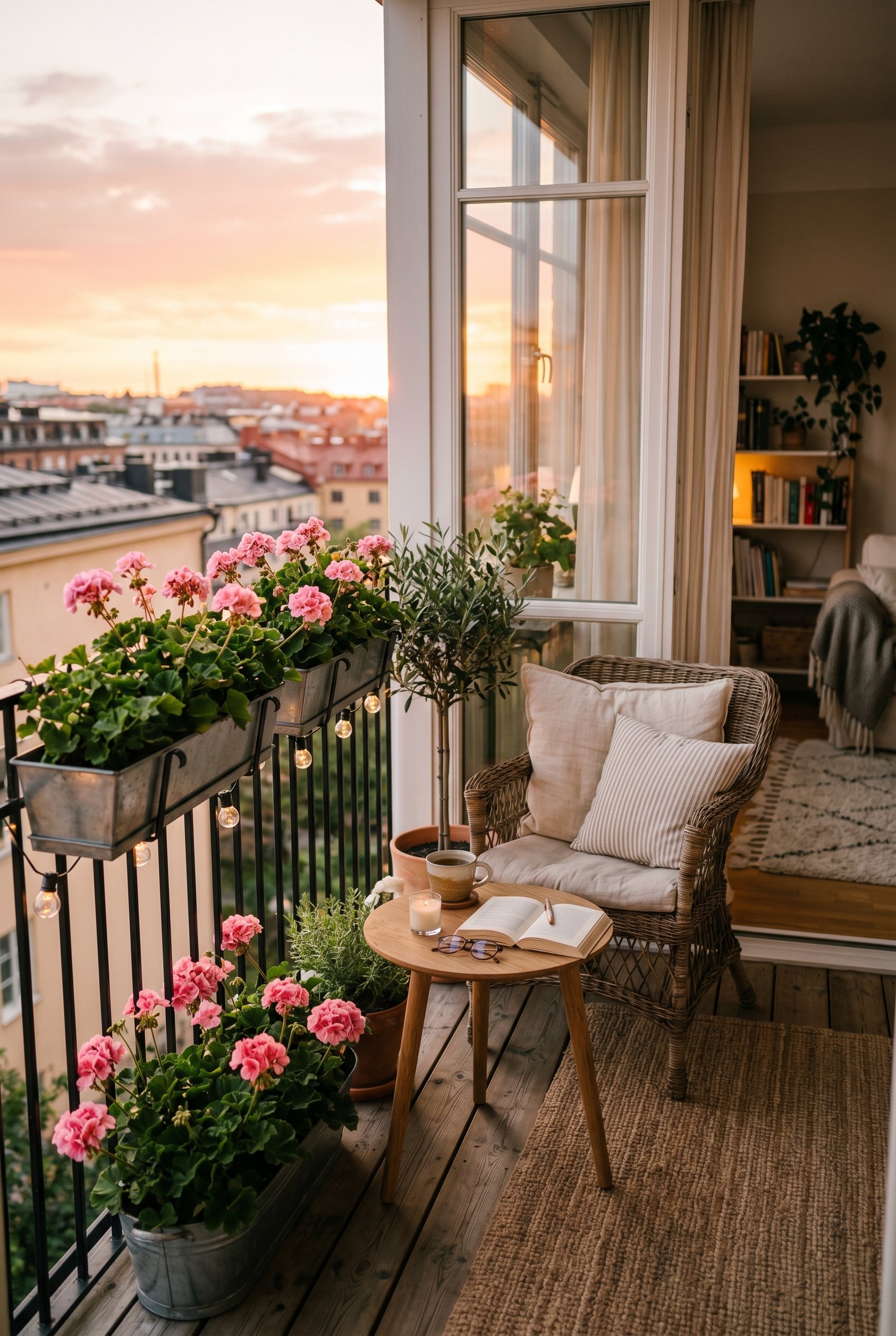 Photorealistic interior photo. Black metal railing planters facing inward toward a balcony seating area, filled with pink geraniums, warm sunset lighting, eye-level angle. Editorial photography style,