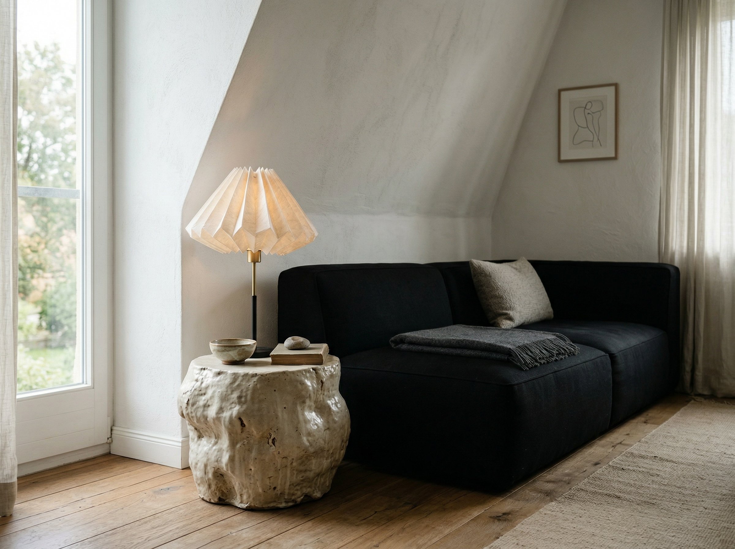 Photorealistic interior photo. Black minimalist sofa paired with a lumpy, irregular handmade ceramic side table and an organic paper shade lamp, soft daylight, corner shot. Editorial photography style