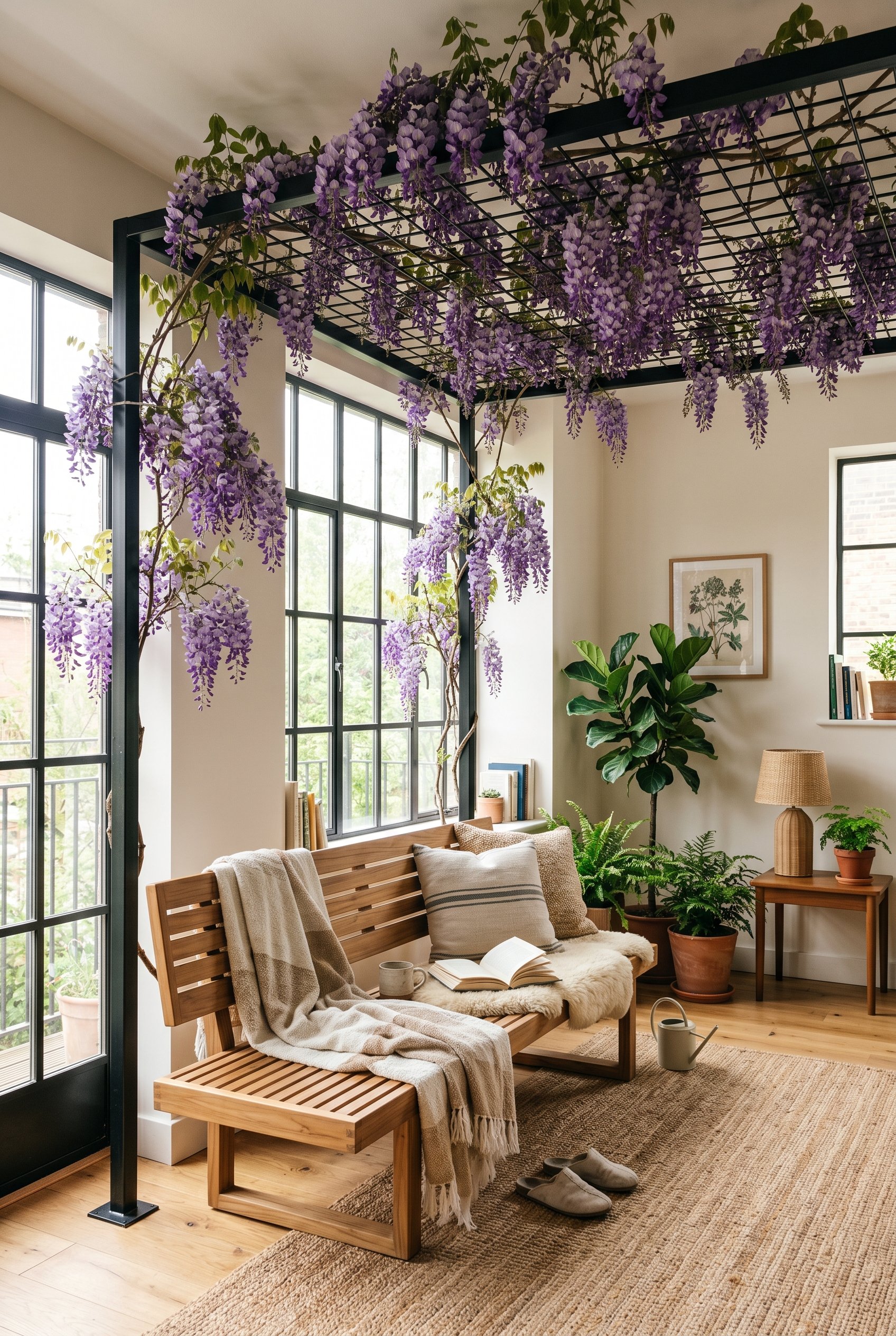 Photorealistic interior photo. Black powder-coated steel grid pergola overgrown with blooming purple wisteria vines, modern teak bench below, soft diffused sunlight, eye-level camera angle. Editorial 