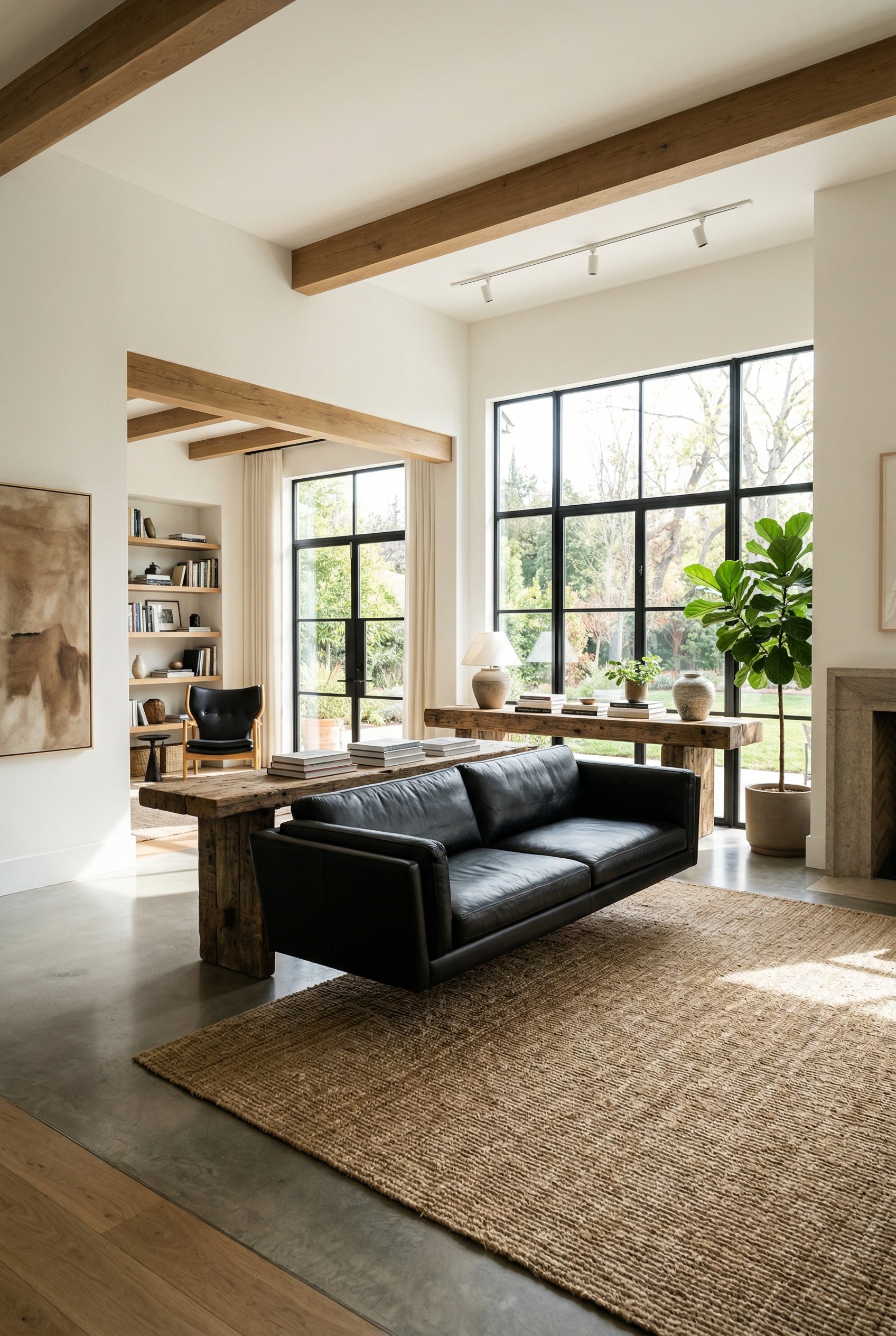 Photorealistic interior photo. Black sofa floating in the center of a spacious living room, heavy wooden console table tucked against the back, sunlight streaming from background windows, wide room an