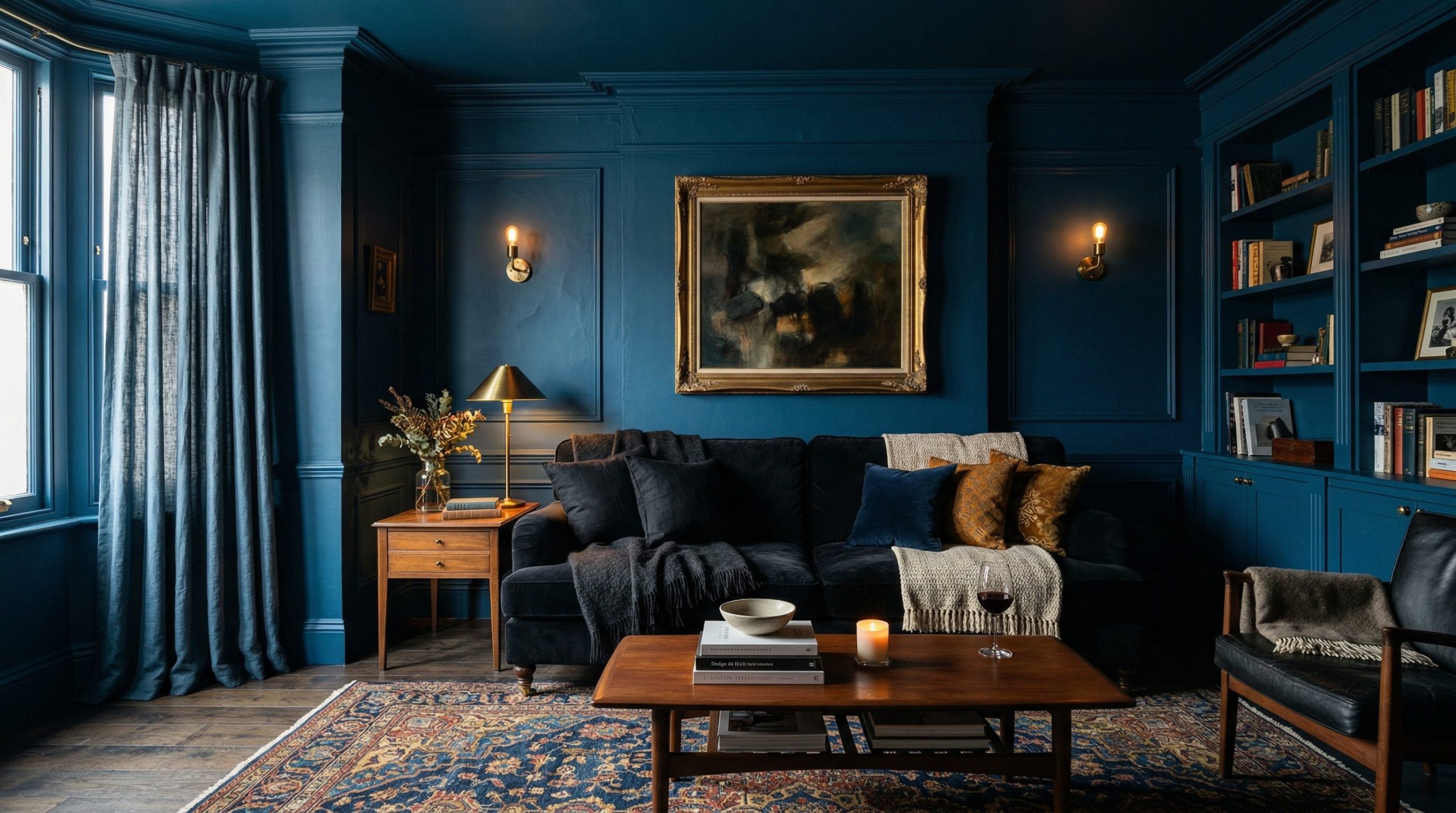 Photorealistic interior photo. Black sofa in a color-drenched room painted entirely in deep Farrow and Ball Hague Blue, moody dramatic lighting, cozy and enclosed atmosphere, wide camera angle. Editor