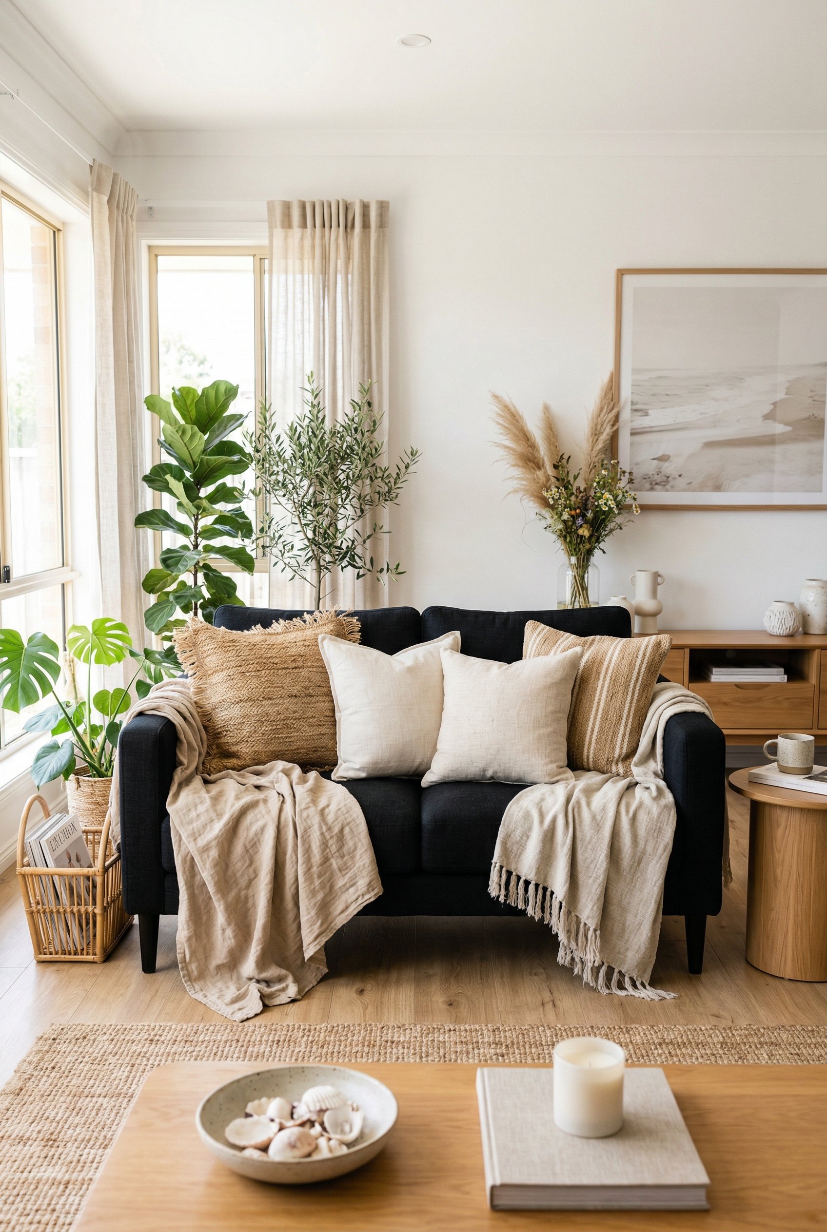 Photorealistic interior photo. Black sofa styled for summer, draped with lightweight sand-colored linen blankets and loosely woven natural throw pillows, bright and airy room, front-facing angle. Edit