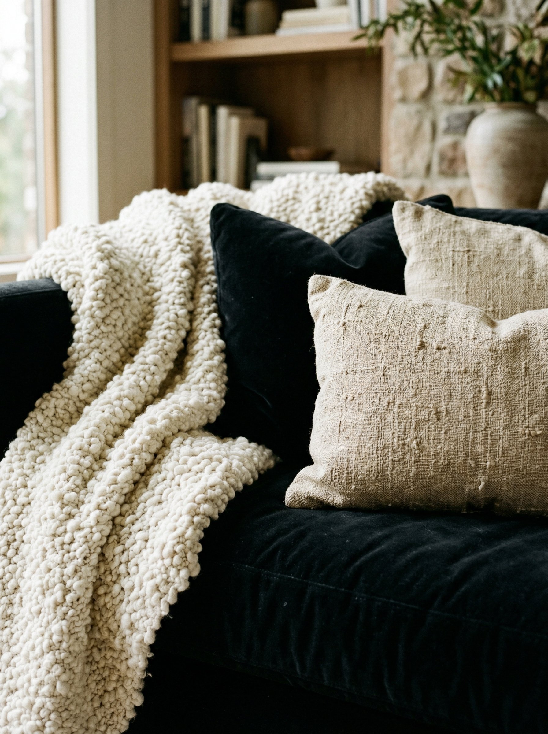Photorealistic interior photo. Black velvet sofa draped with a thick, chunky off-white bouclé blanket and nubby linen pillows, detailed close-up shot focusing on textile textures. Editorial photograph