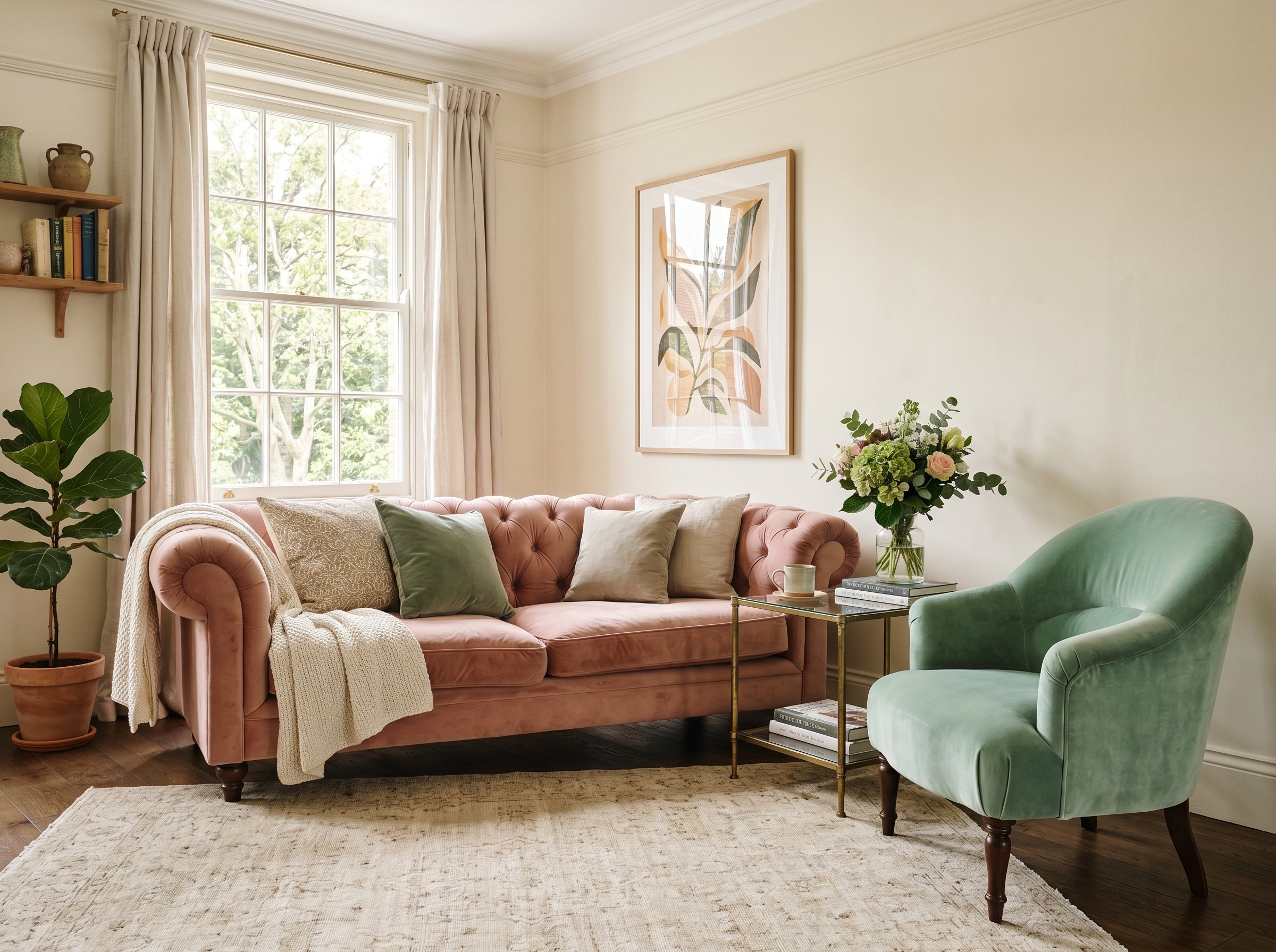 Photorealistic interior photo. Blush pink tufted sofa next to a mint green velvet accent chair, warm creamy off-white walls, soft natural lighting, eye-level camera angle. Editorial photography style,