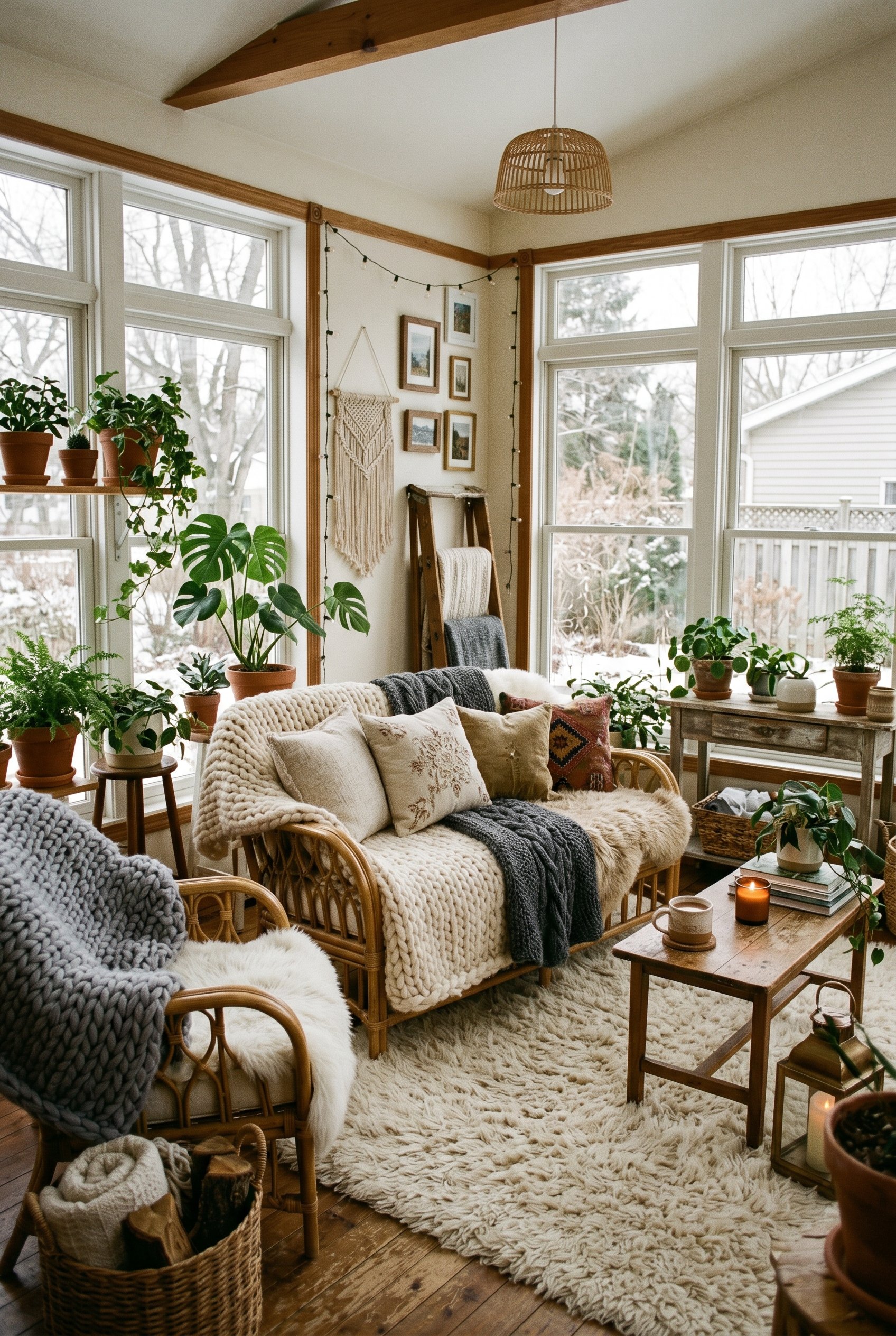 Photorealistic interior photo. Bohemian sunroom styled for winter, heavy chunky knit throws and faux fur hides draped over rattan furniture, thick flokati rug on the floor. Editorial photography style
