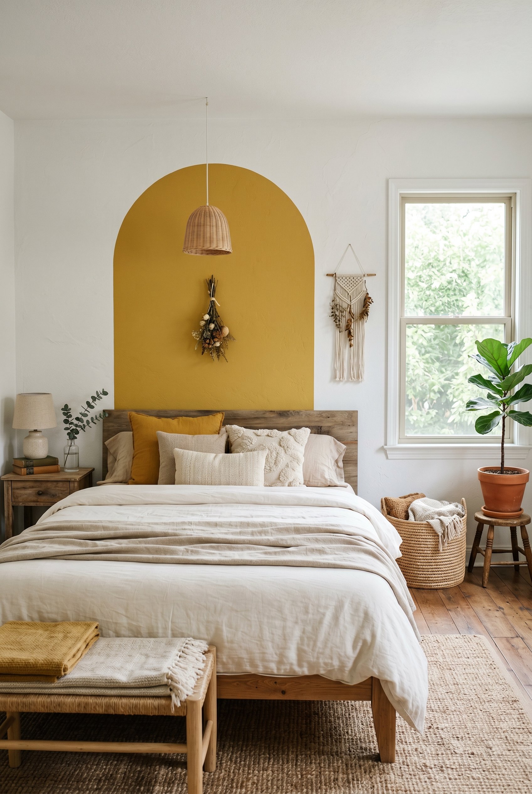 Photorealistic interior photo. Boho bedroom featuring a large painted matte mustard yellow arch on a white wall behind a bed. Editorial photography style, minimal decor, natural light, no people visib