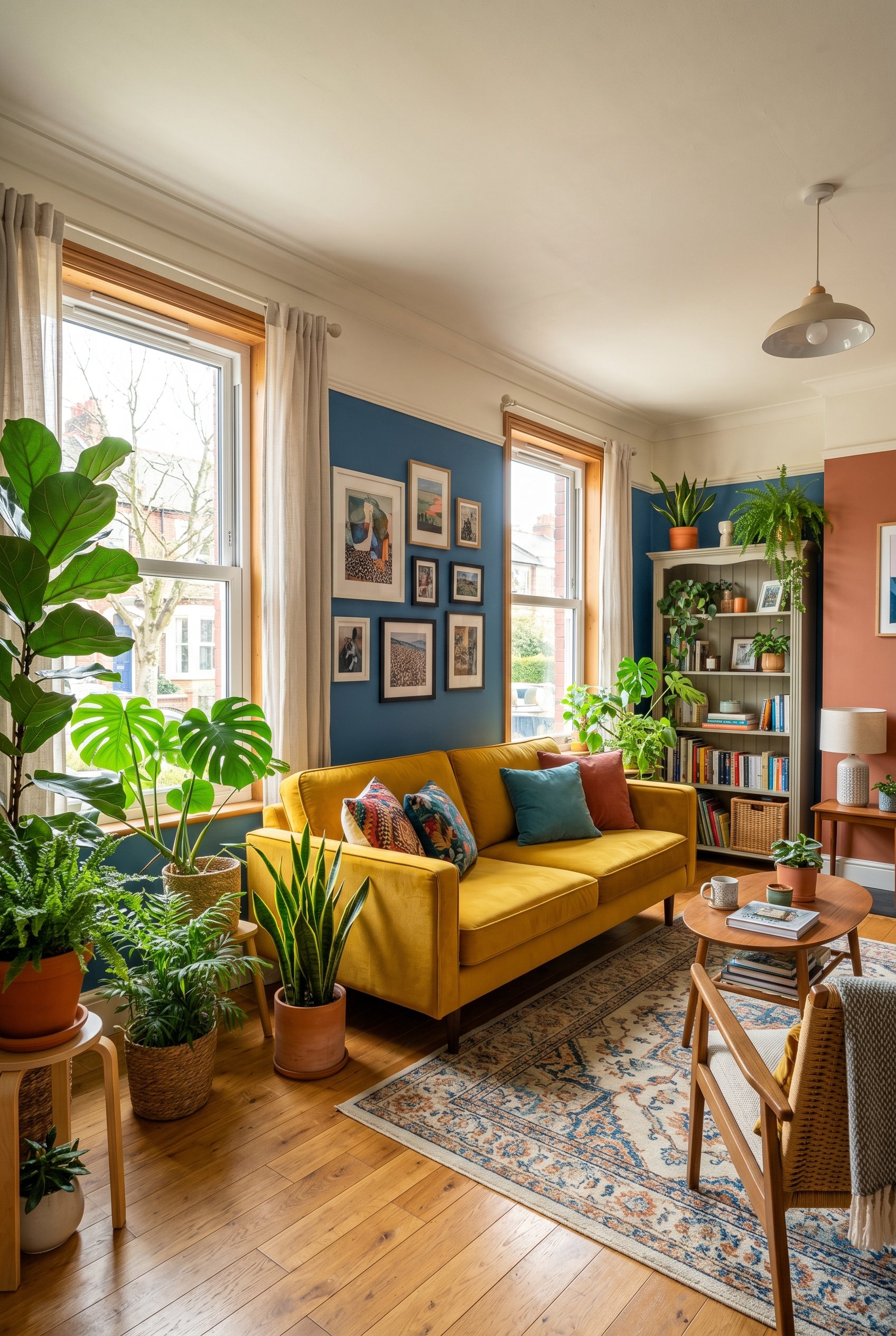 Photorealistic interior photo. Bold mustard yellow sofa in a brightly colored living room, surrounded by large leafy house plants, bright natural sunlight, wide angle. Editorial photography style, no 
